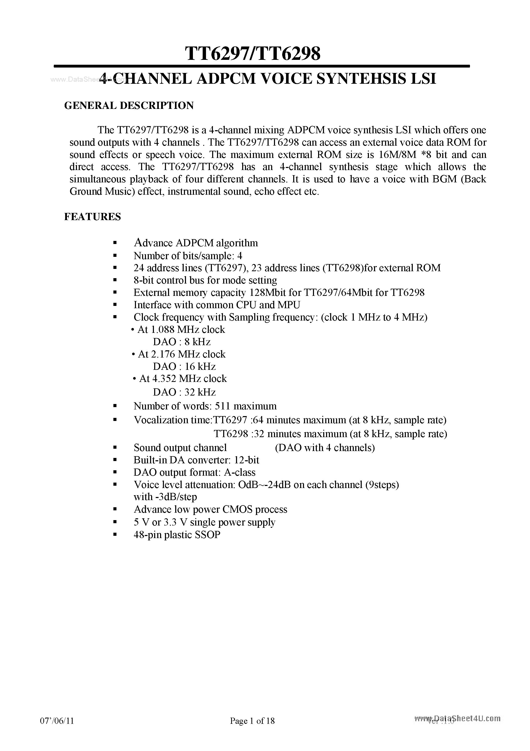 Datasheet TT6297 - (TT6297 / TT6298) 4-Channel ADPCM Voice Syntehsis LSI page 1