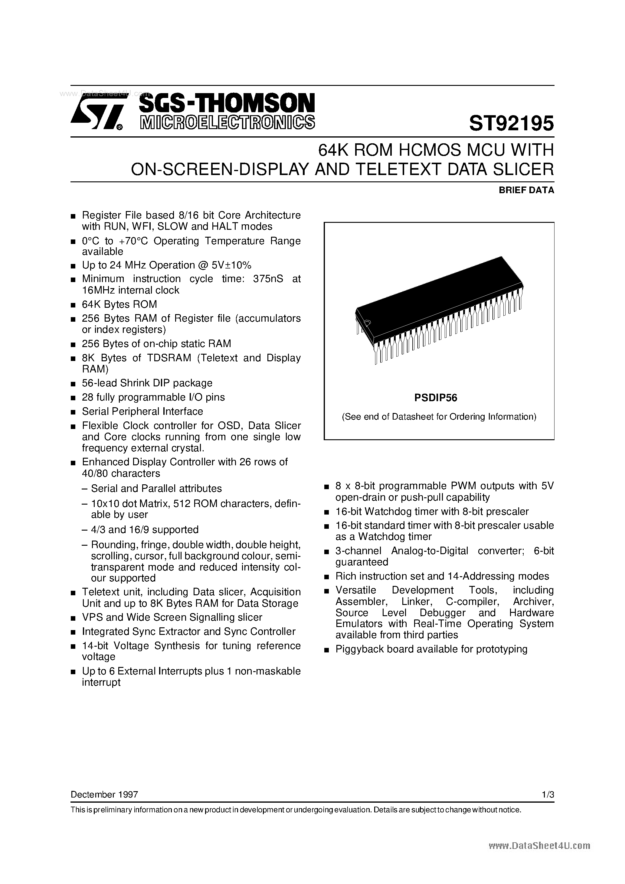 Даташит ST62195 - 64K ROM HCMOS MCU страница 1
