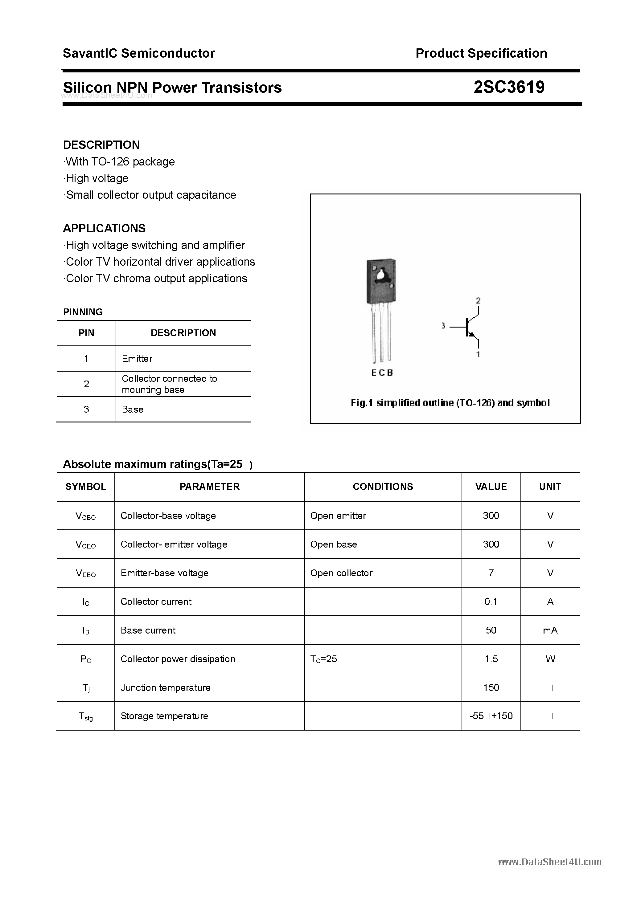 Datasheet 2SC3619 - SILICON POWER TRANSISTOR page 1