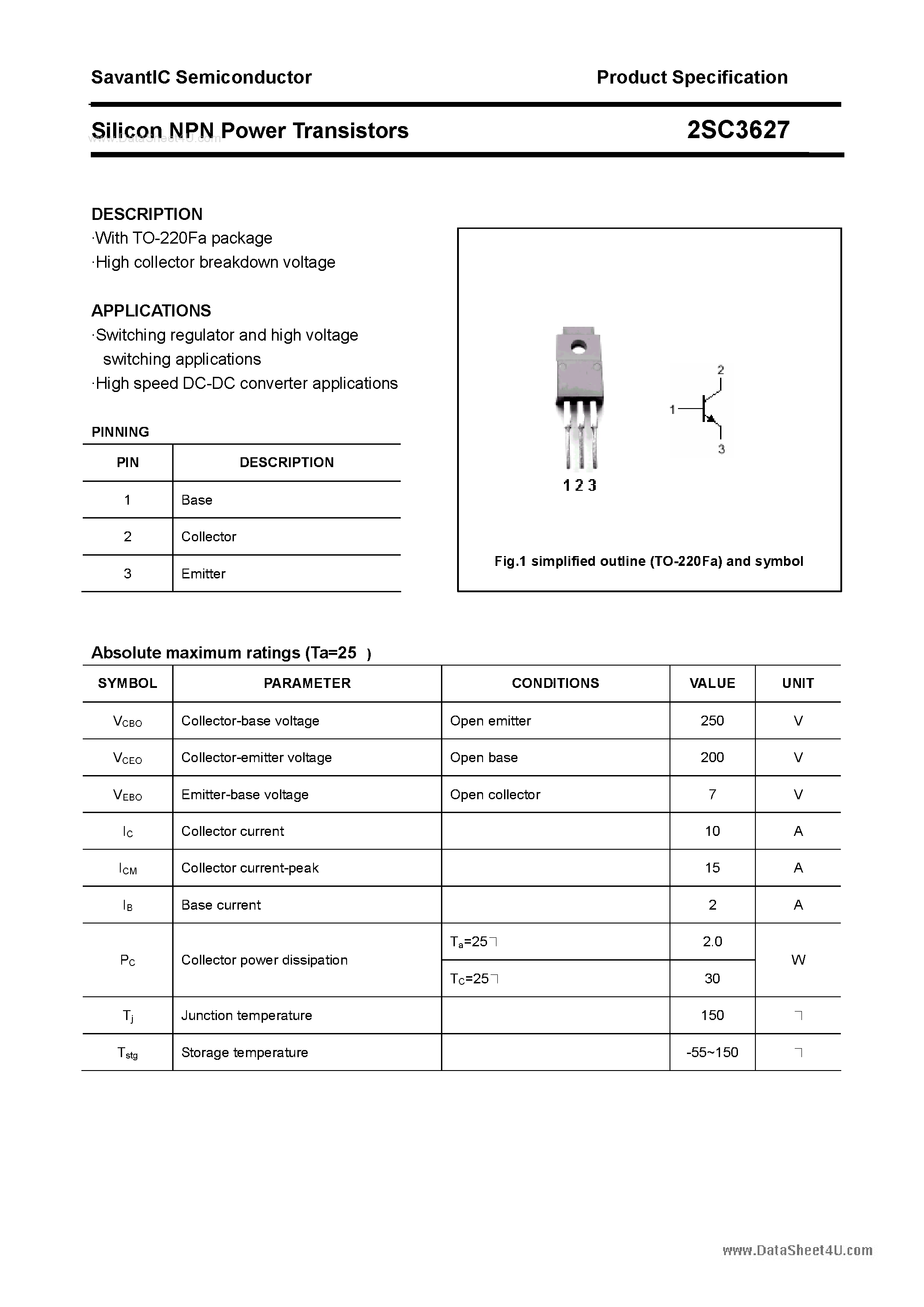 Datasheet 2SC3627 - SILICON POWER TRANSISTOR page 1