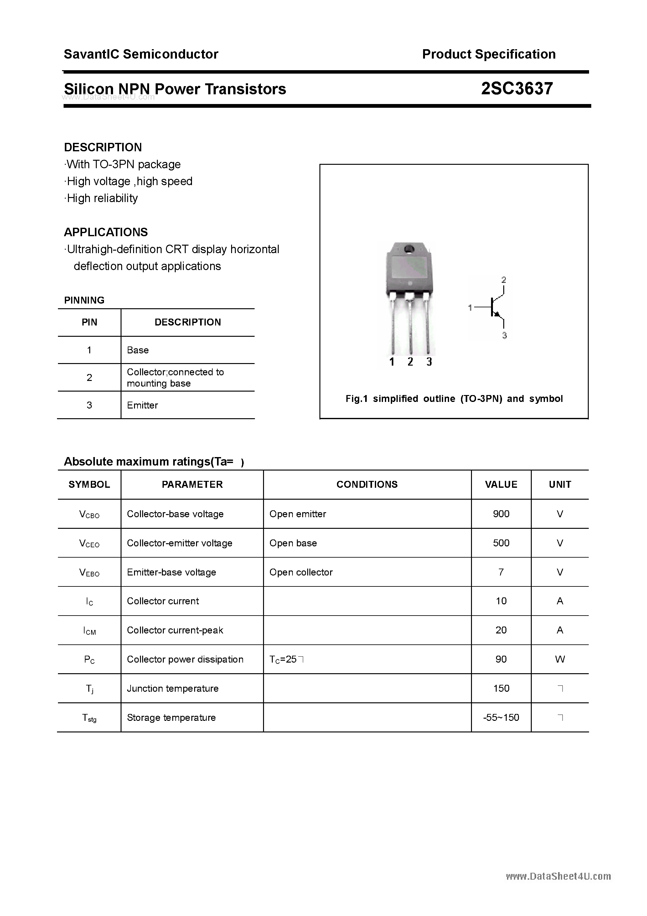Datasheet 2SC3637 - SILICON POWER TRANSISTOR page 1