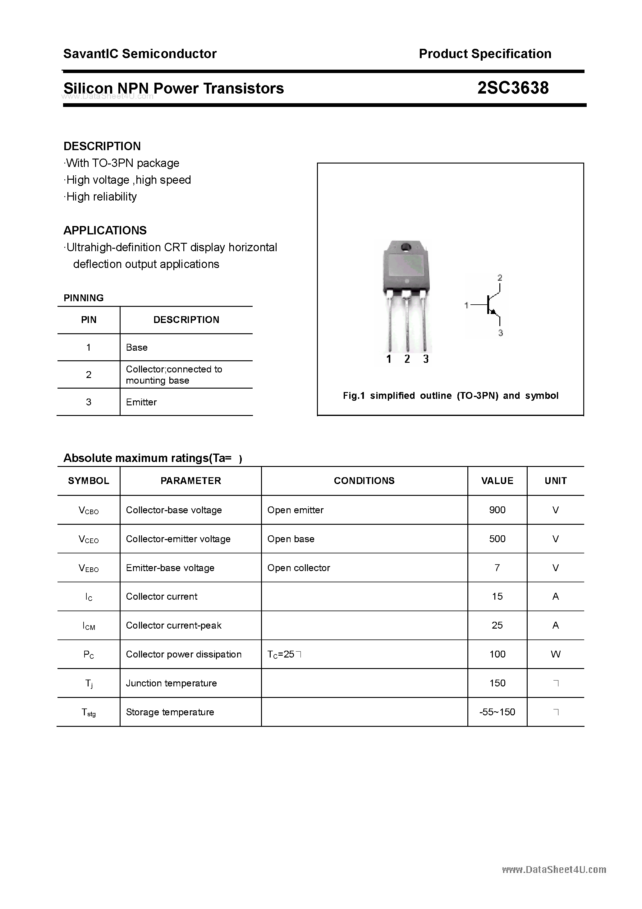 Datasheet 2SC3638 - SILICON POWER TRANSISTOR page 1