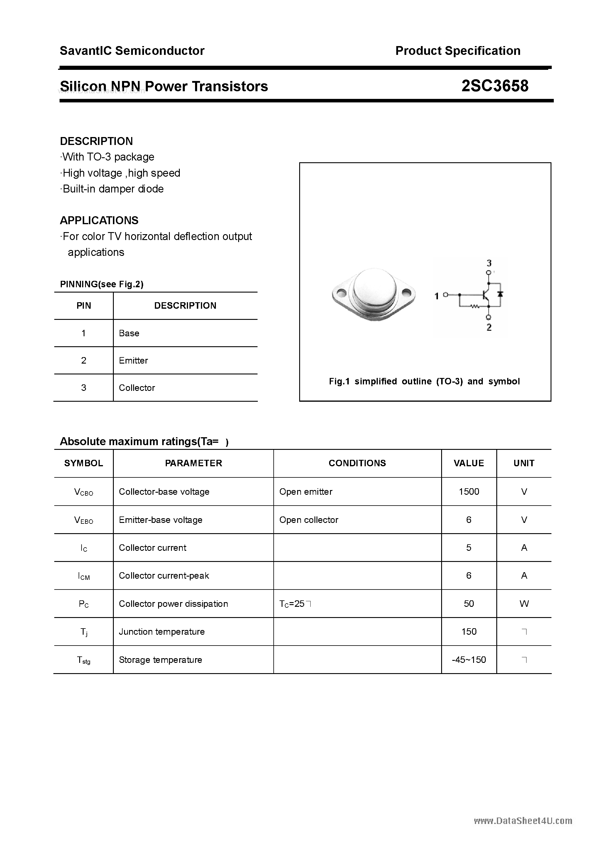 Datasheet 2SC3658 - SILICON POWER TRANSISTOR page 1