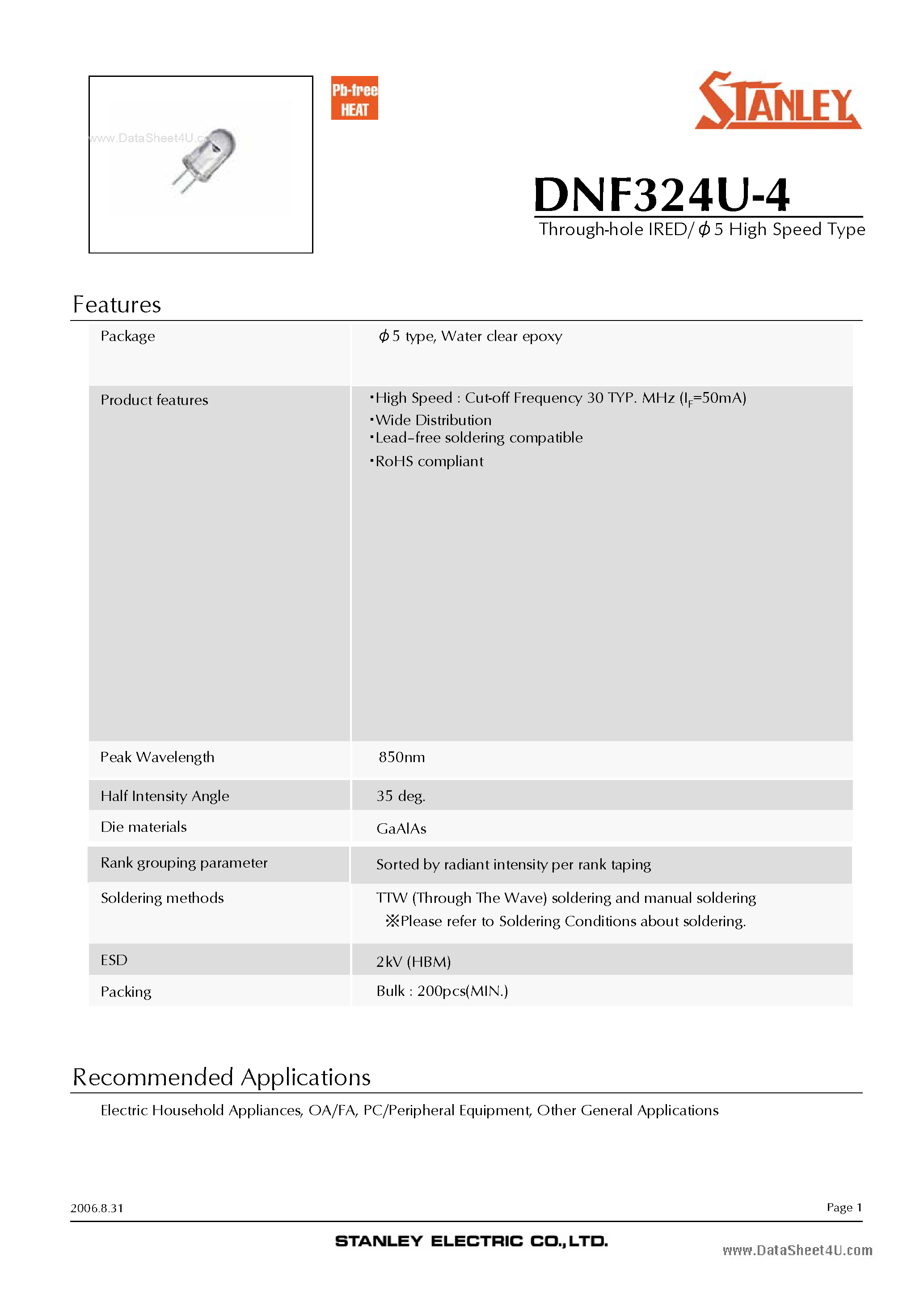 Datasheet DNF324U-4 page 1 Datasheet DNF324U-4 - Through-hole IRED page 1