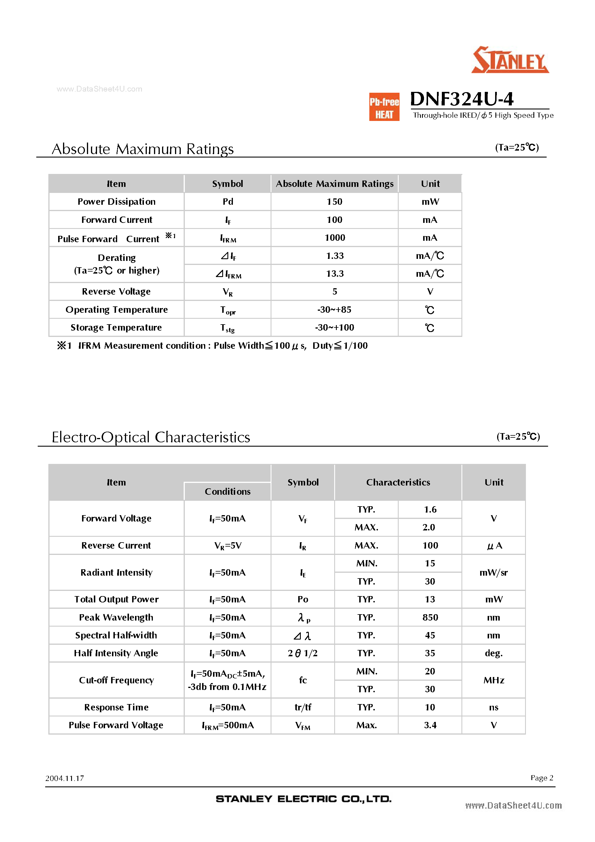 Datasheet DNF324U-4 page 2 Datasheet DNF324U-4 - Through-hole IRED page 2