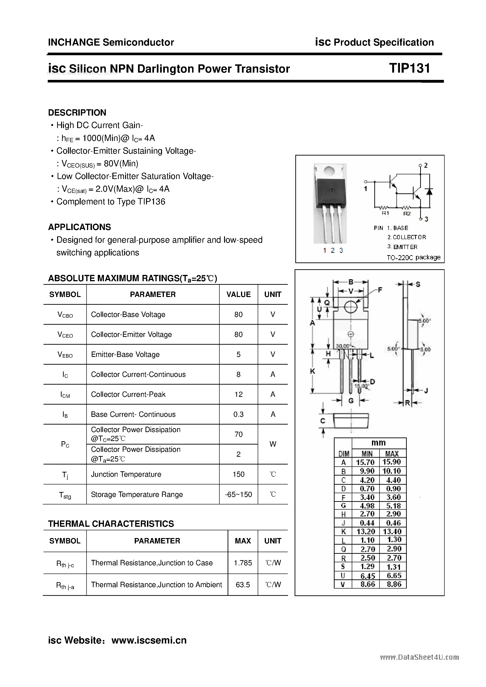 Даташит TIP131 - Silicon NPN Darlington Power Transistor страница 1