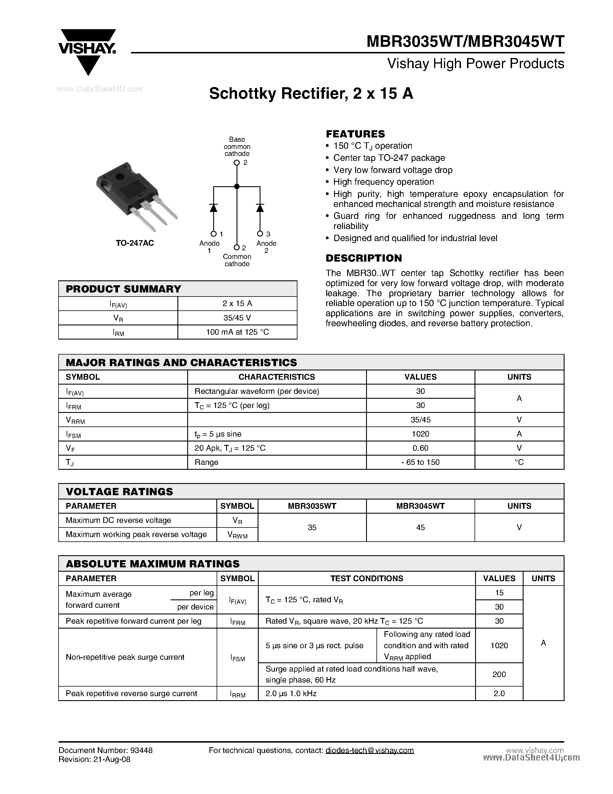 Datasheet MBR3035WT - (MBR3035WT / MBR3045WT) Schottky Rectifier 30 Amp page 1