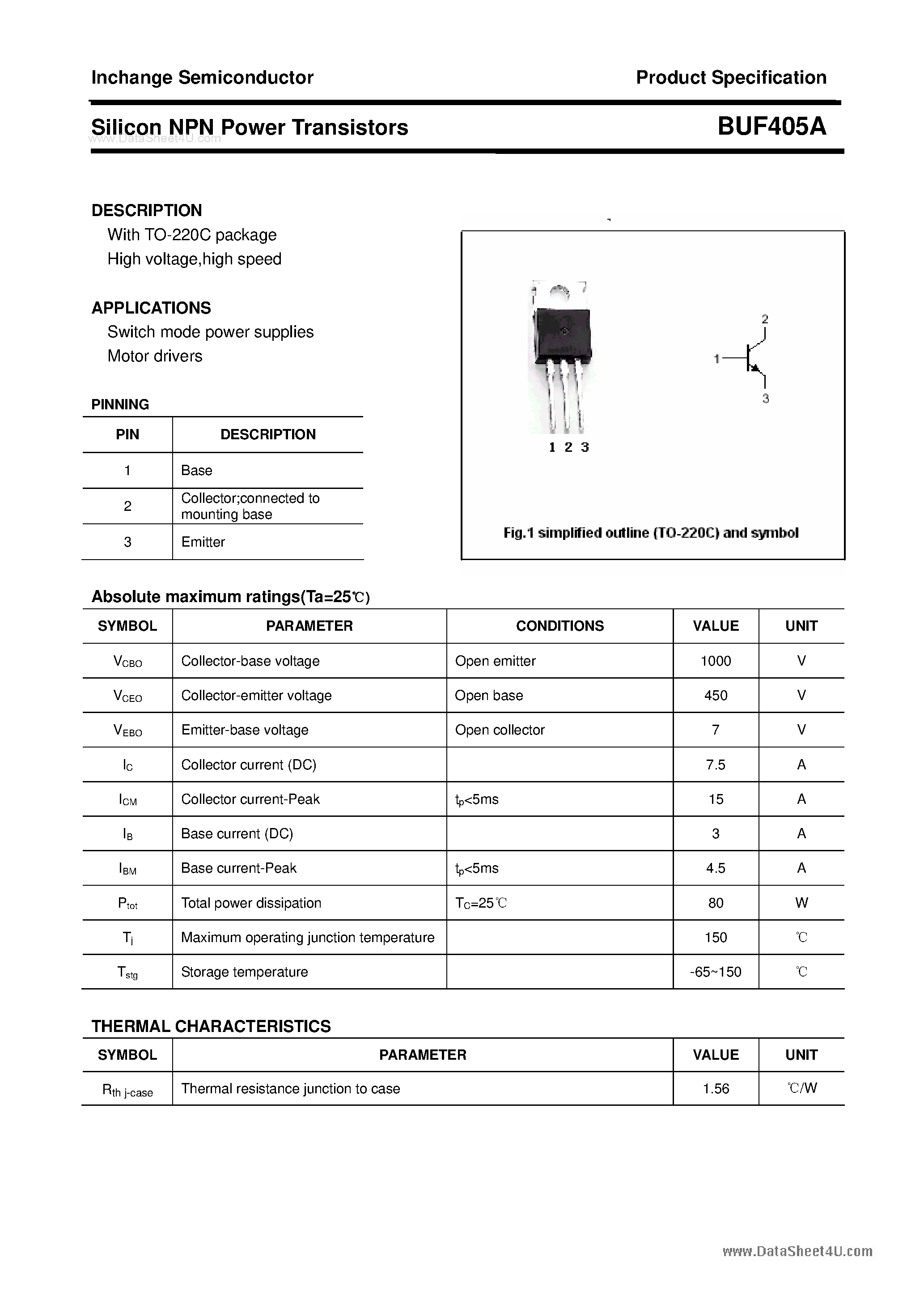 Даташит BUF405A - Silicon NPN Power Transistors страница 1