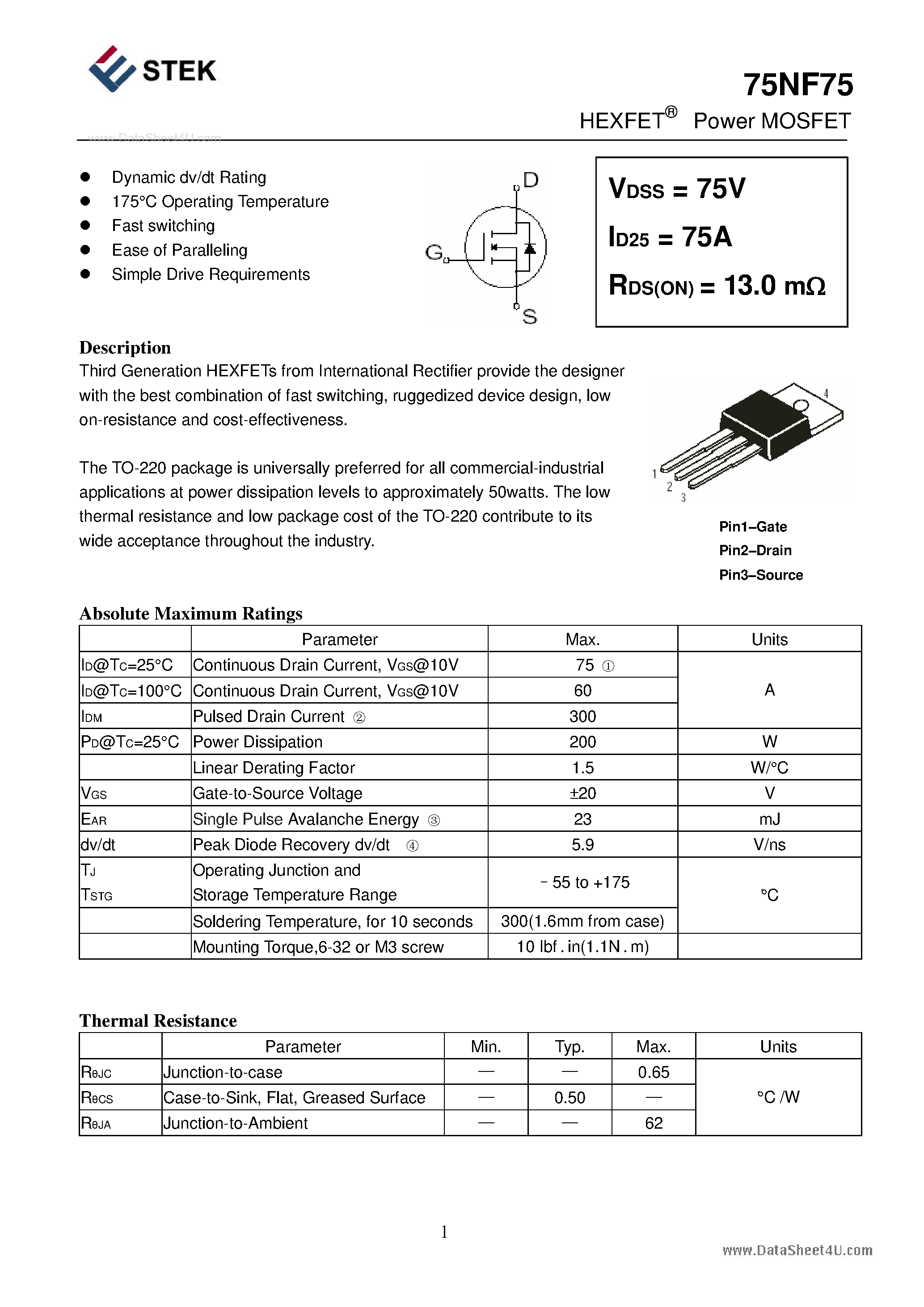 Даташит 75NF75 - POWER MOSFET страница 1