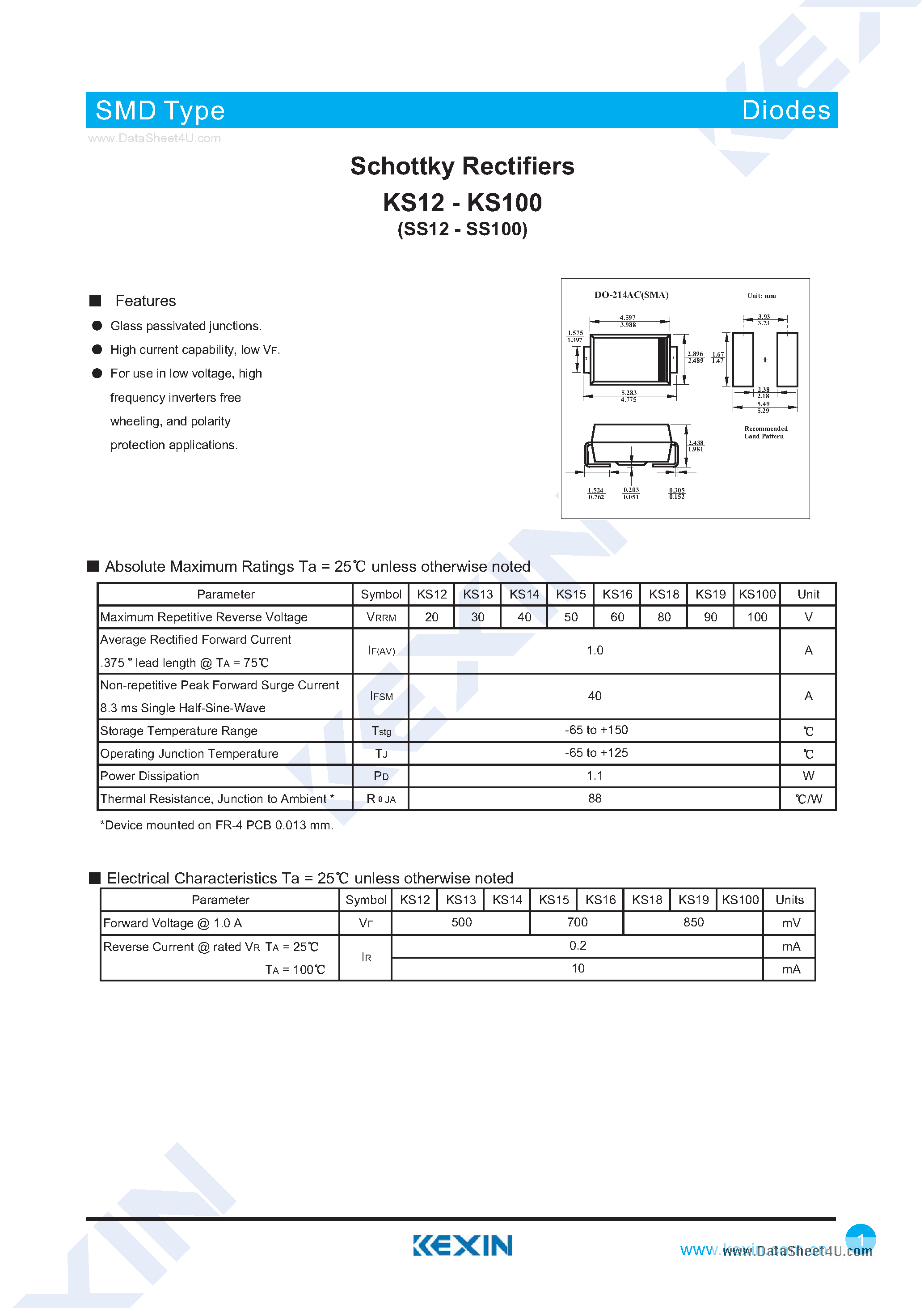 Datasheet KS100 page 1 Datasheet KS100 - (KS12 - KS100) Schottky Rectifiers page 1