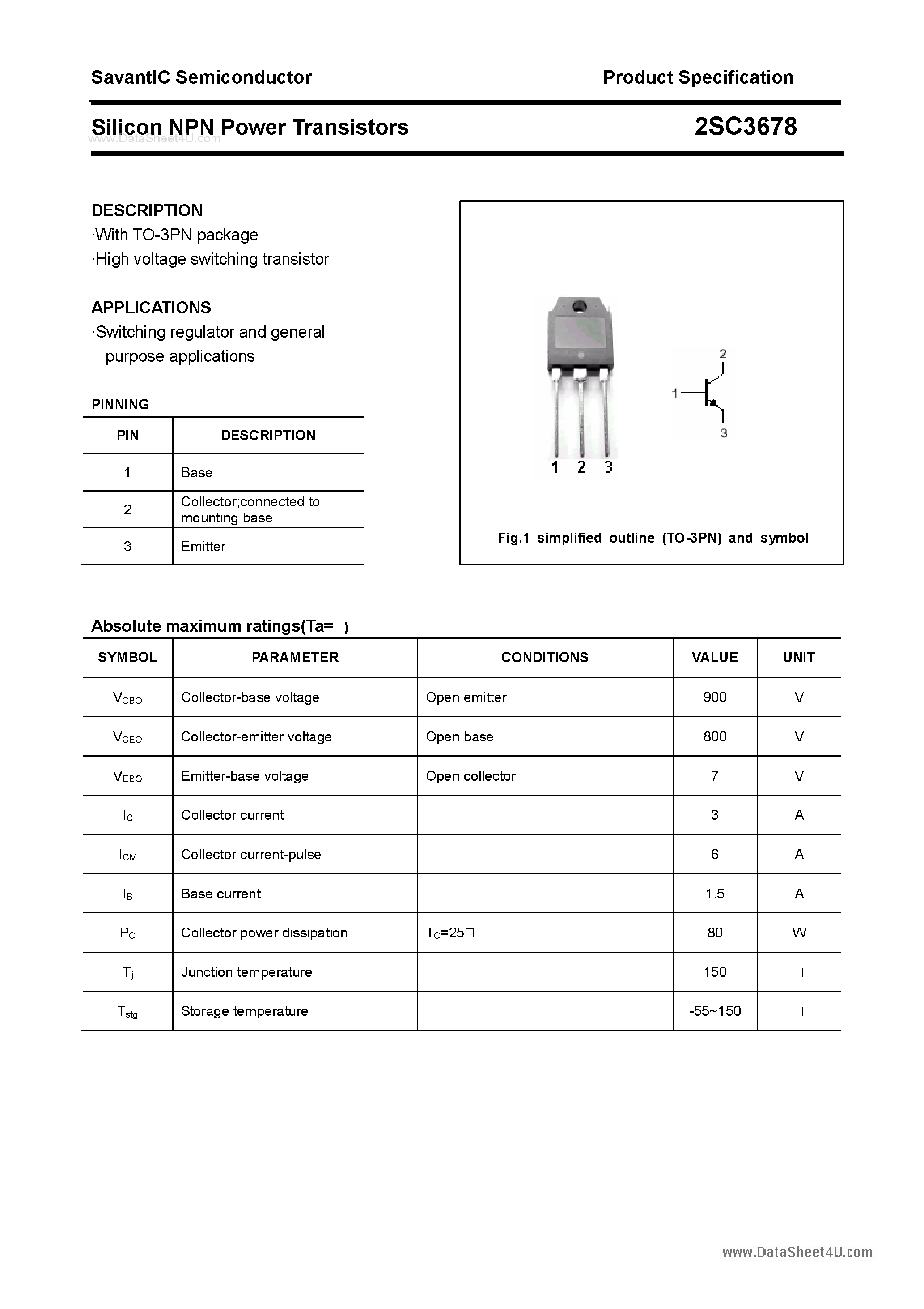 Datasheet 2SC3678 - SILICON POWER TRANSISTOR page 1