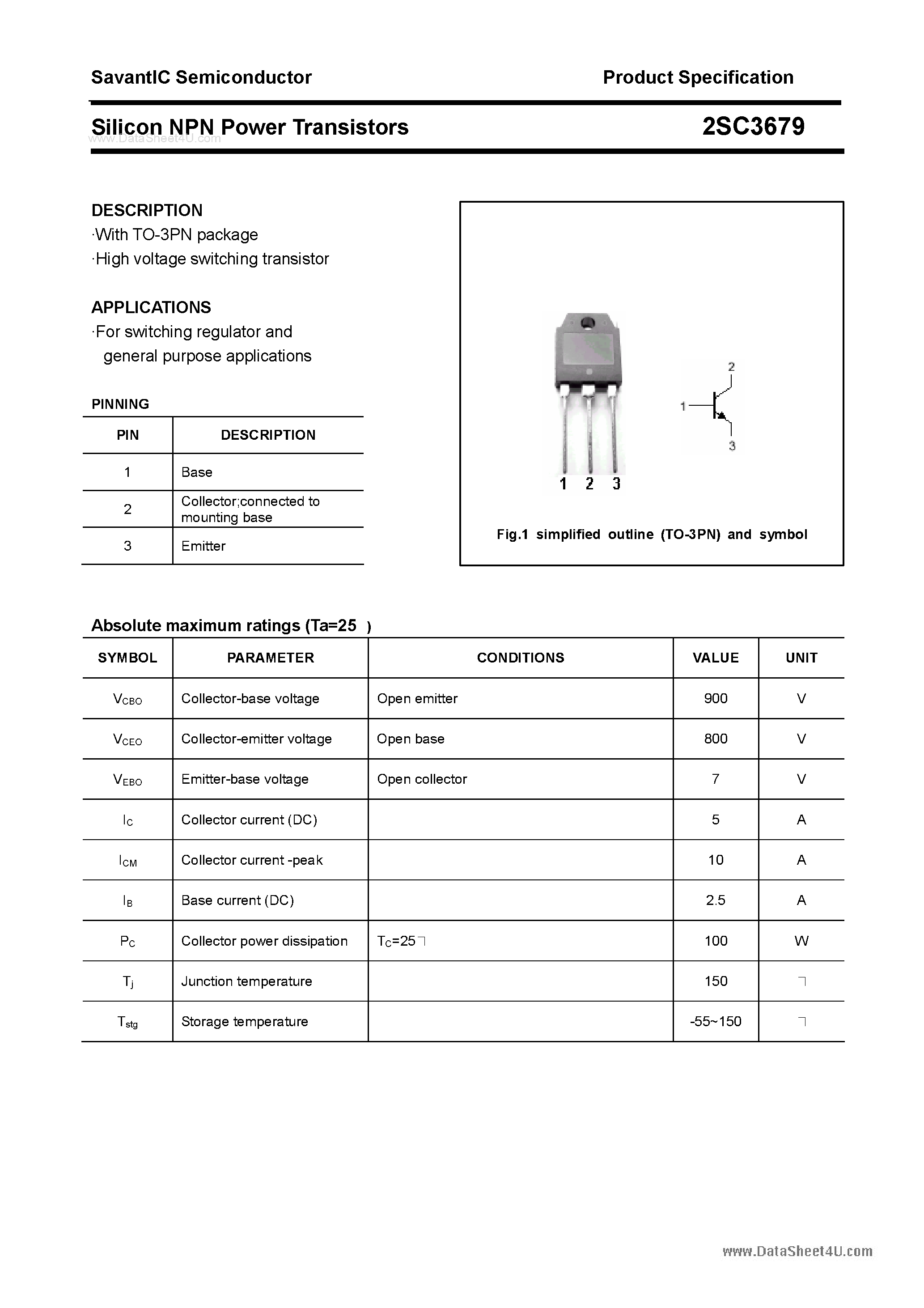Datasheet 2SC3679 - SILICON POWER TRANSISTOR page 1