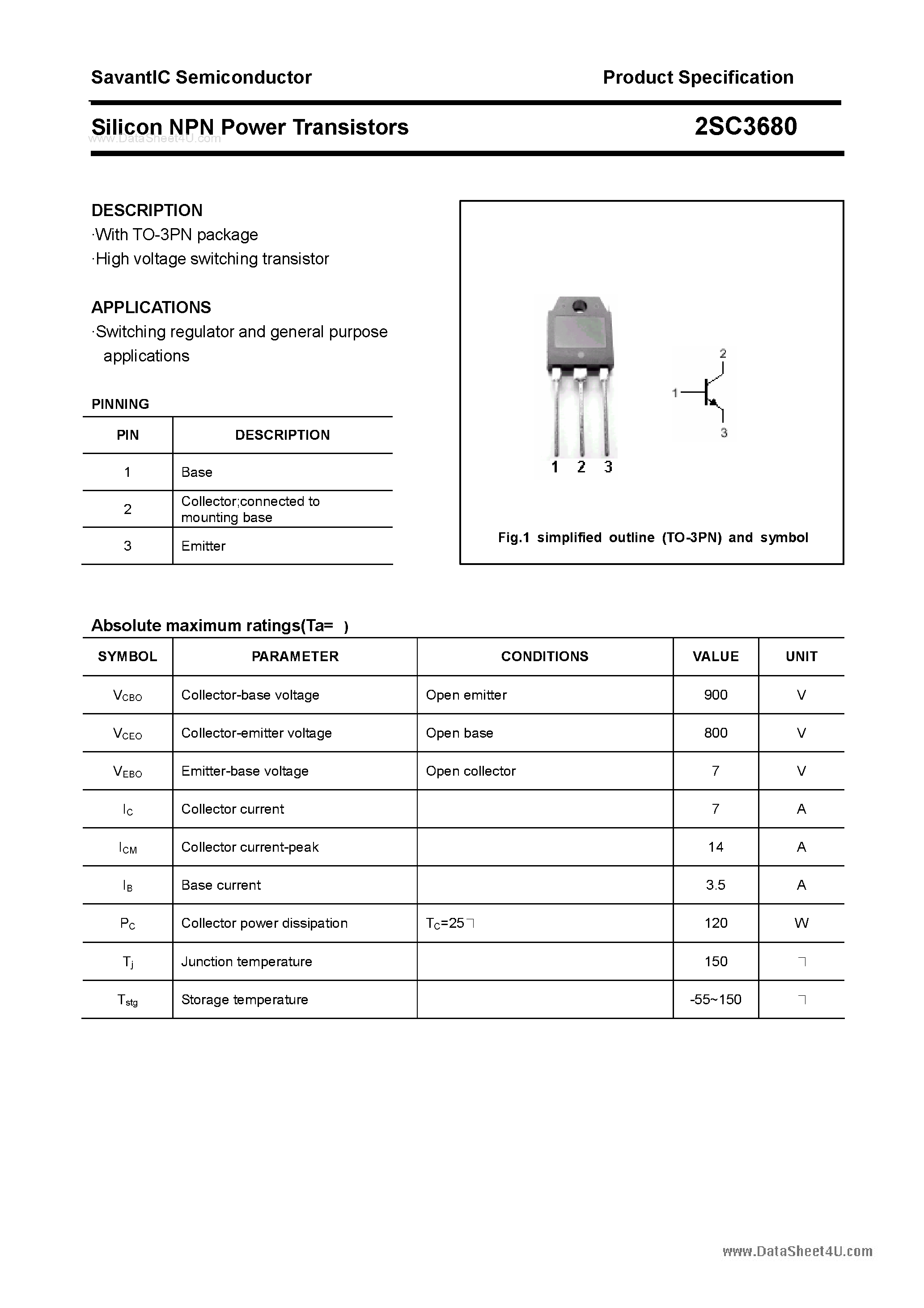 Datasheet 2SC3680 - SILICON POWER TRANSISTOR page 1