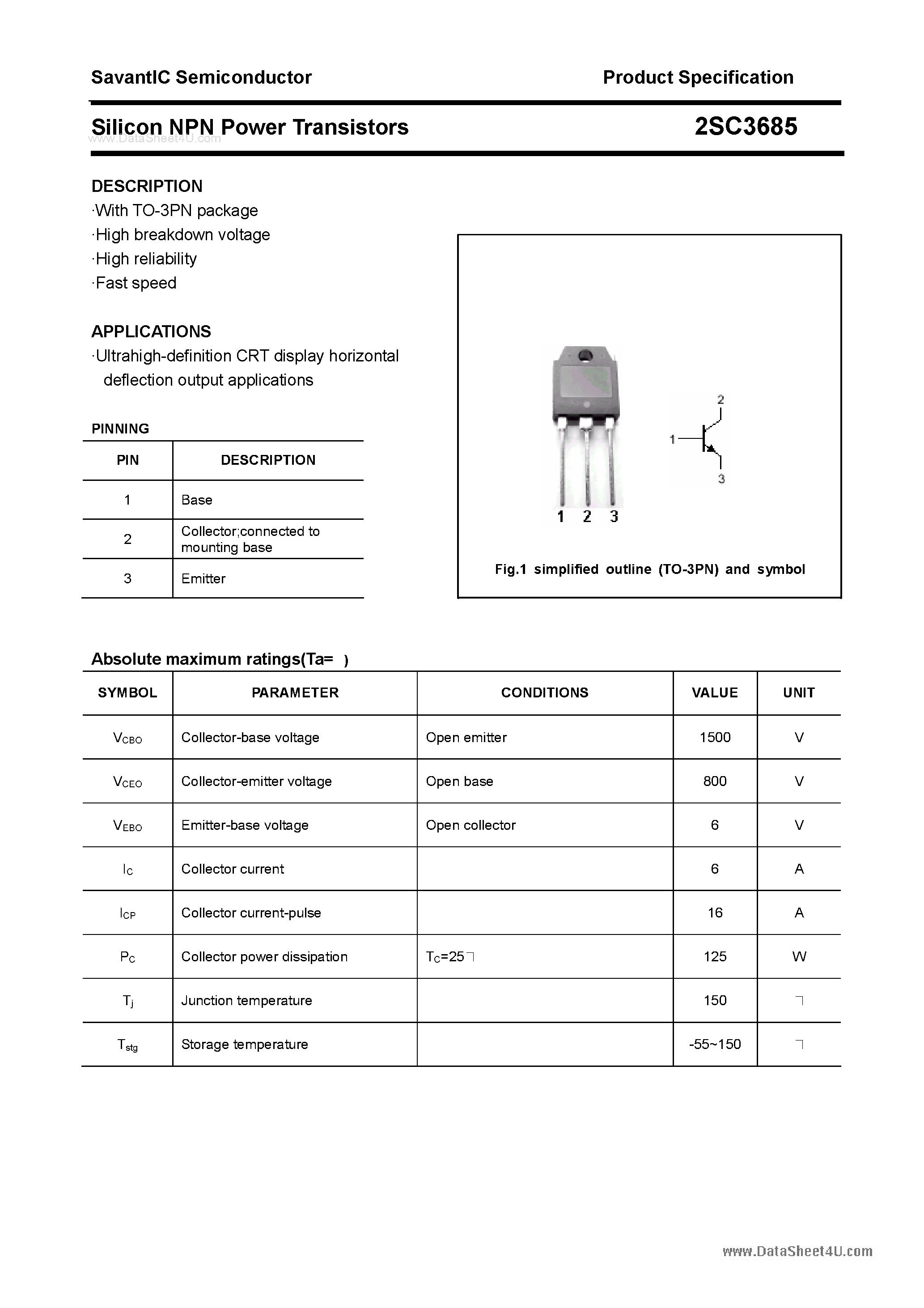 Datasheet 2SC3685 - SILICON POWER TRANSISTOR page 1