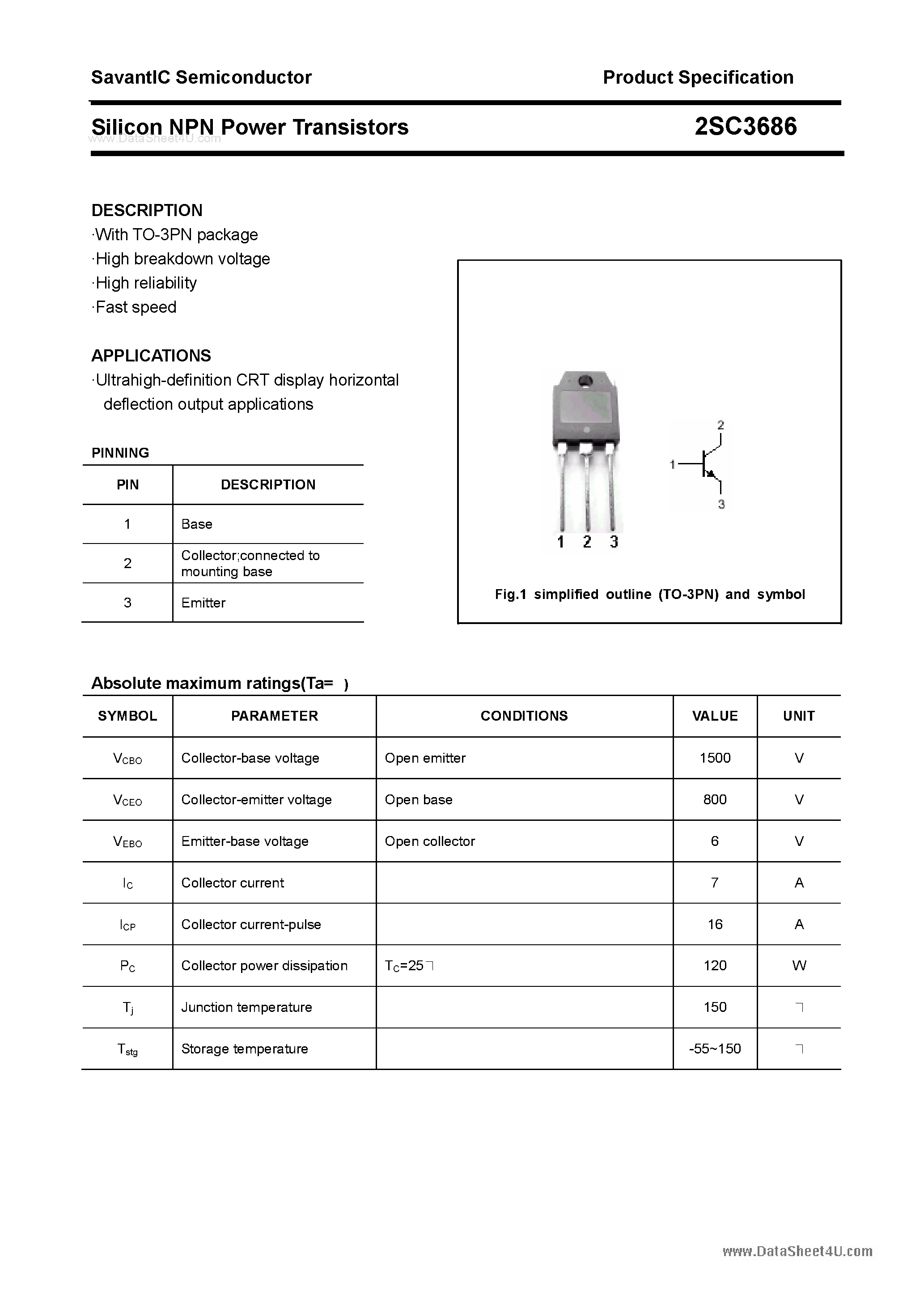 Datasheet 2SC3686 page 1 Datasheet 2SC3686 - SILICON POWER TRANSISTOR page 1