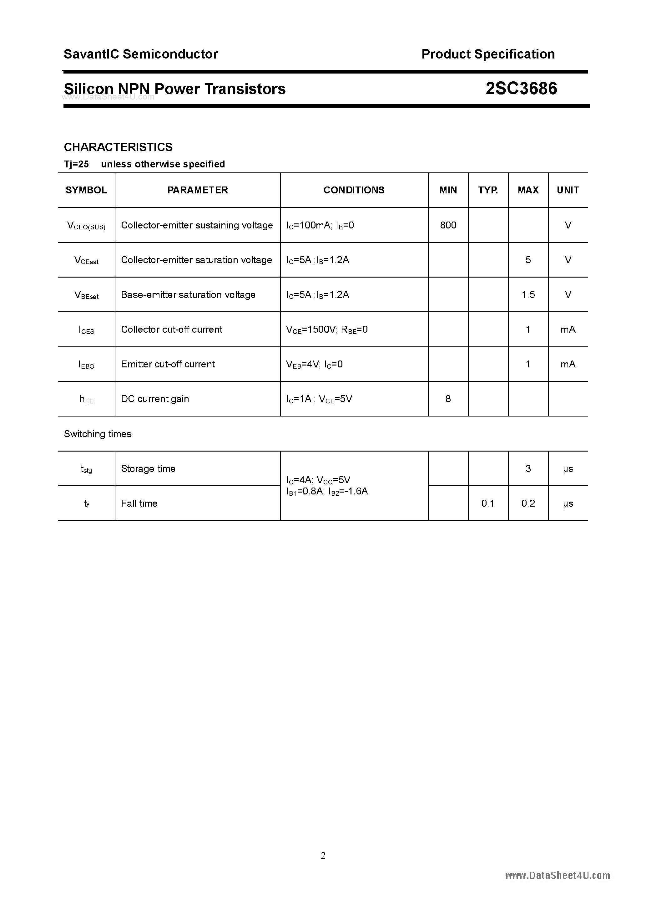 Datasheet 2SC3686 page 2 Datasheet 2SC3686 - SILICON POWER TRANSISTOR page 2