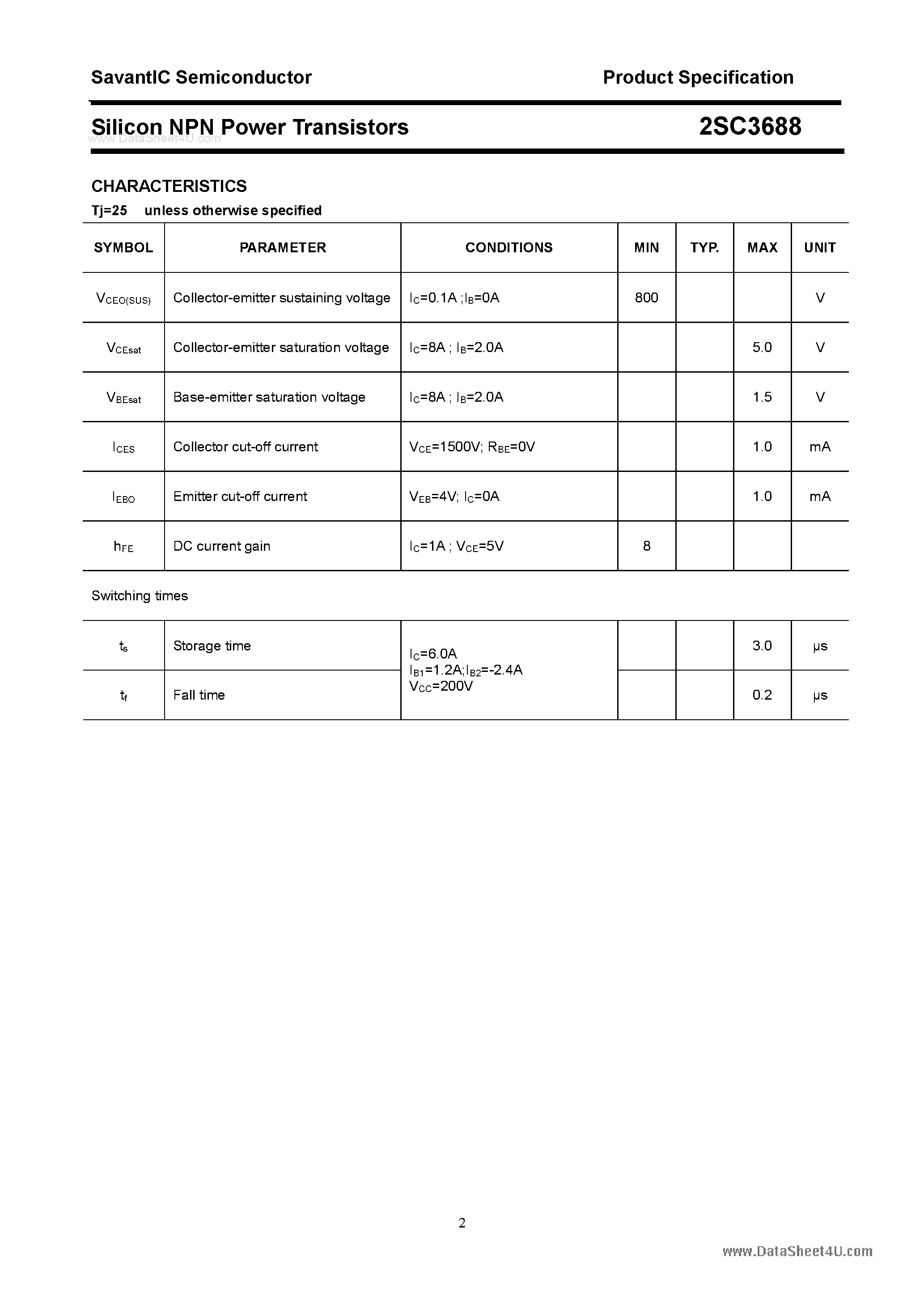 Datasheet 2SC3688 page 2 Datasheet 2SC3688 - SILICON POWER TRANSISTOR page 2