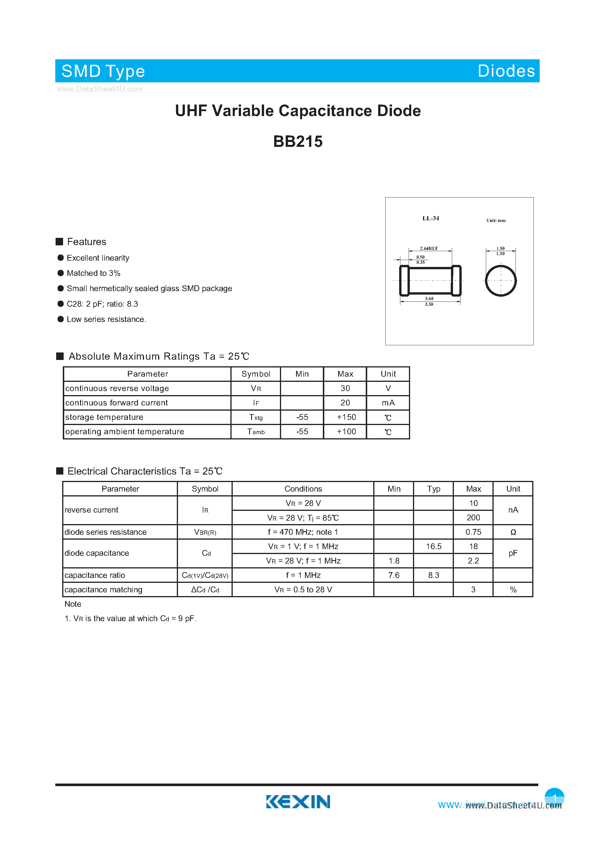 Datasheet BB215 page 1 Datasheet BB215 - UHF Variable Capacitance Diode page 1