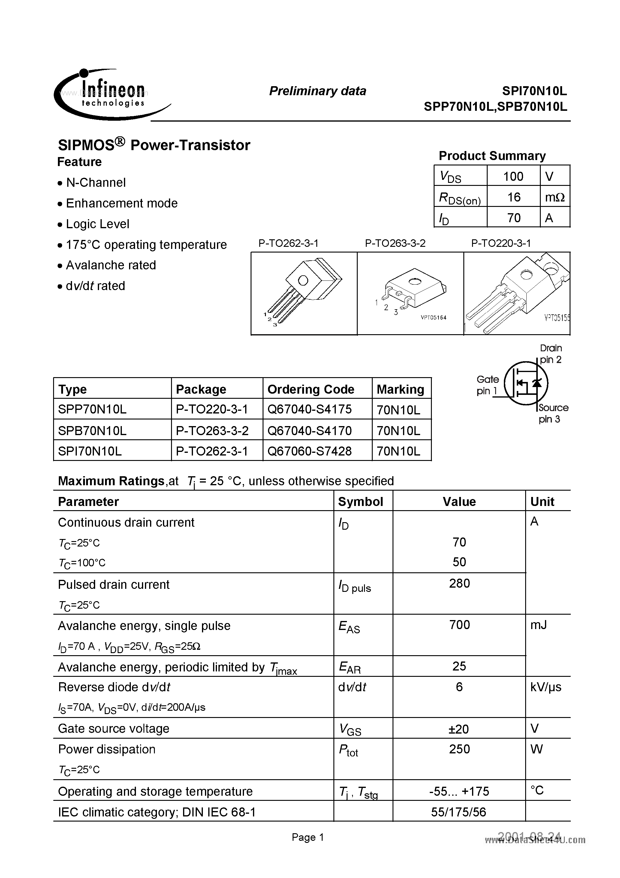 Даташит SPI70N10L - SIPMOS Power-Transistor страница 1