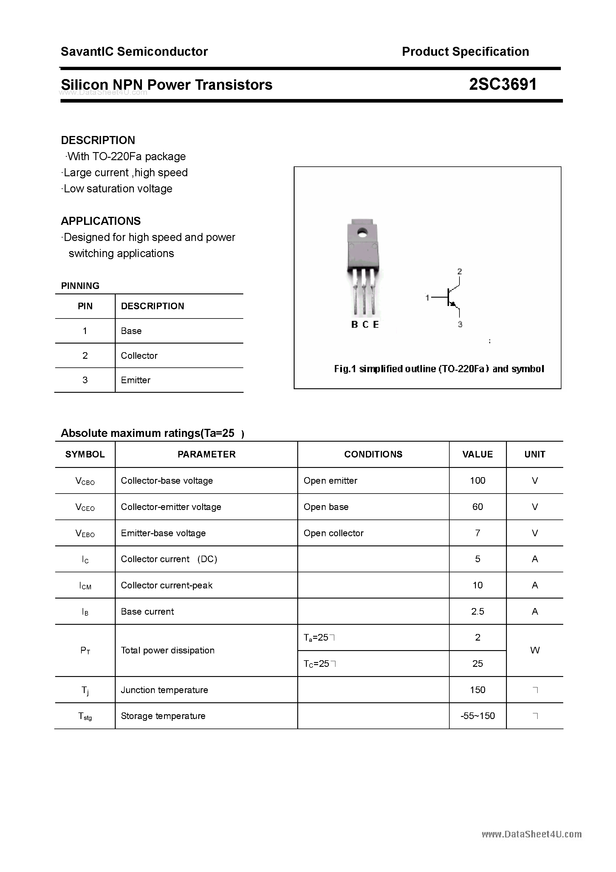 Datasheet 2SC3691 - SILICON POWER TRANSISTOR page 1