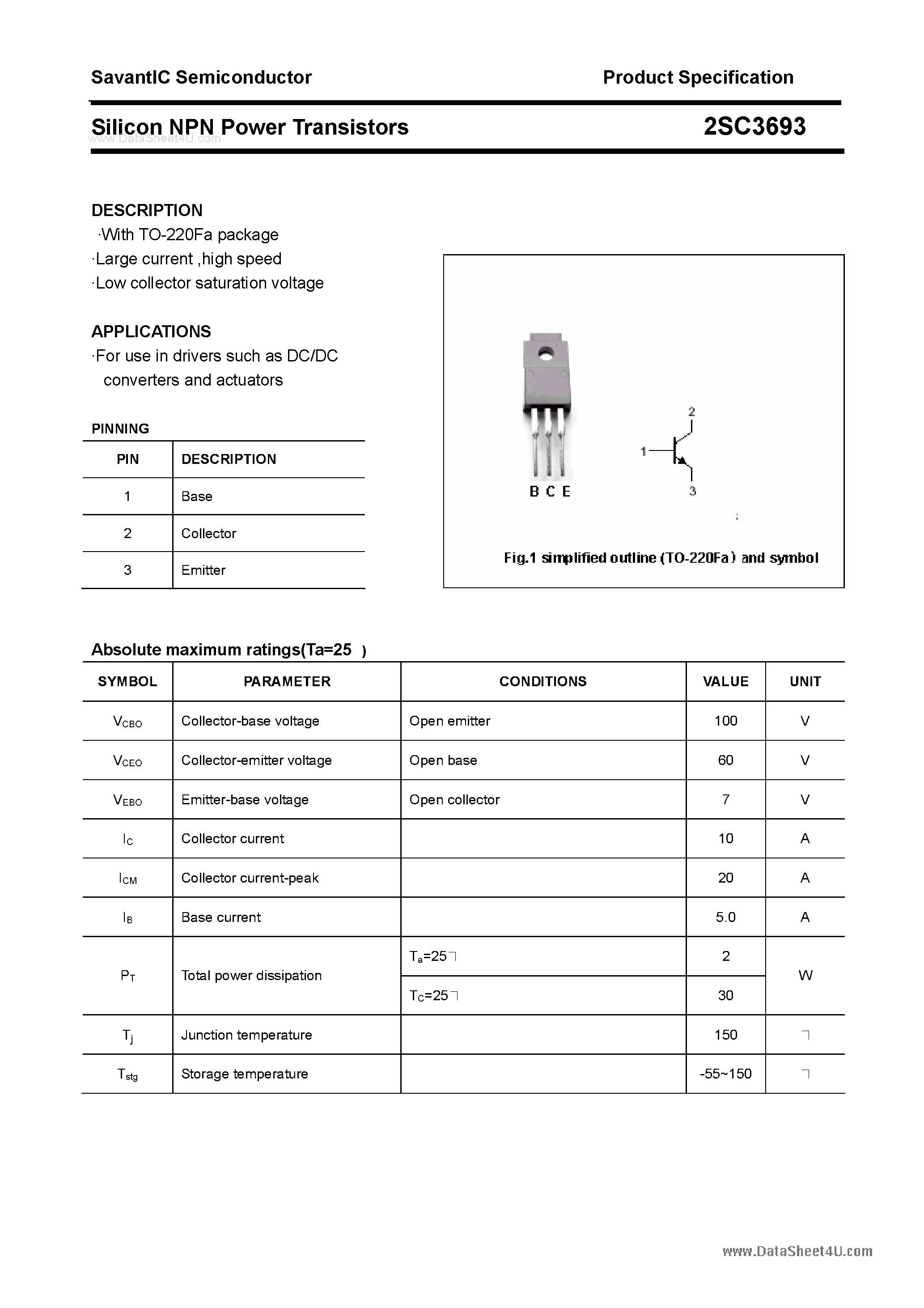 Datasheet 2SC3693 - SILICON POWER TRANSISTOR page 1