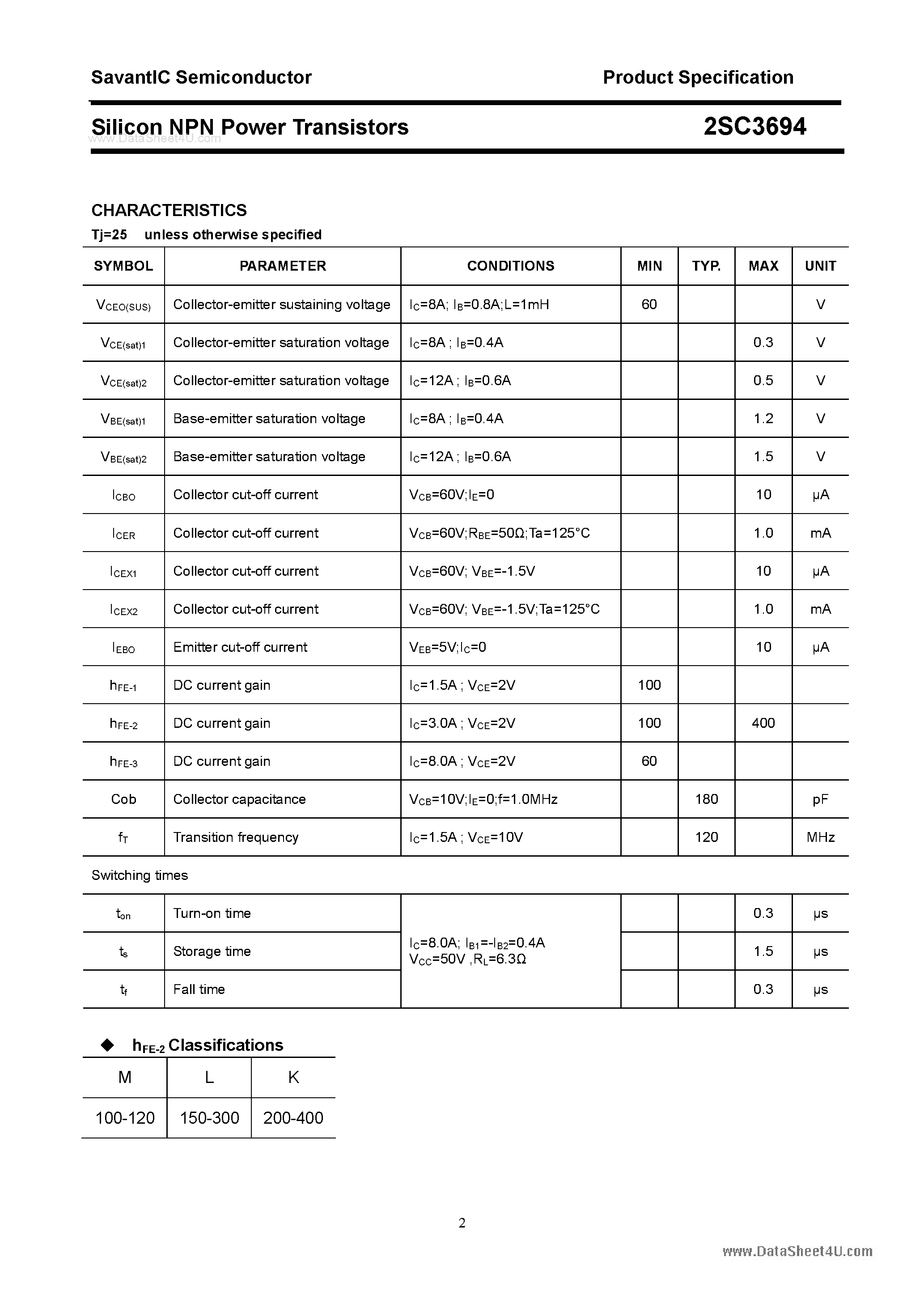 Datasheet 2SC3694 page 2 Datasheet 2SC3694 - SILICON POWER TRANSISTOR page 2