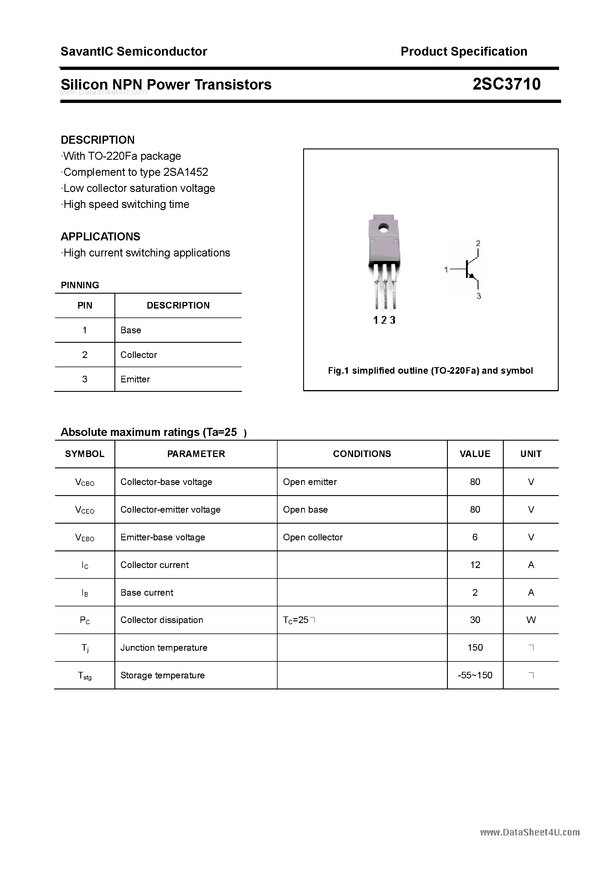 Datasheet 2SC3710 - SILICON POWER TRANSISTOR page 1
