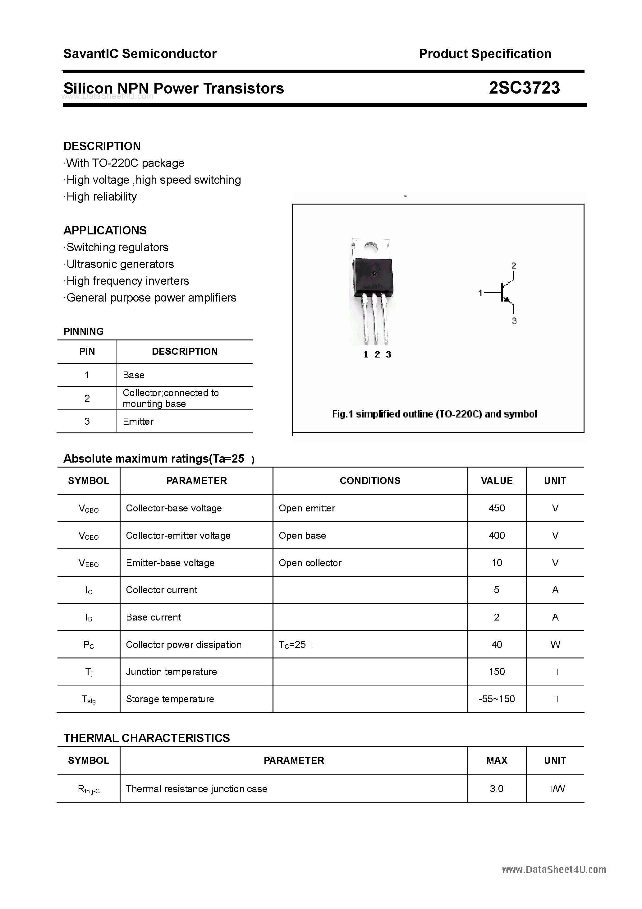 Datasheet 2SC3723 - SILICON POWER TRANSISTOR page 1
