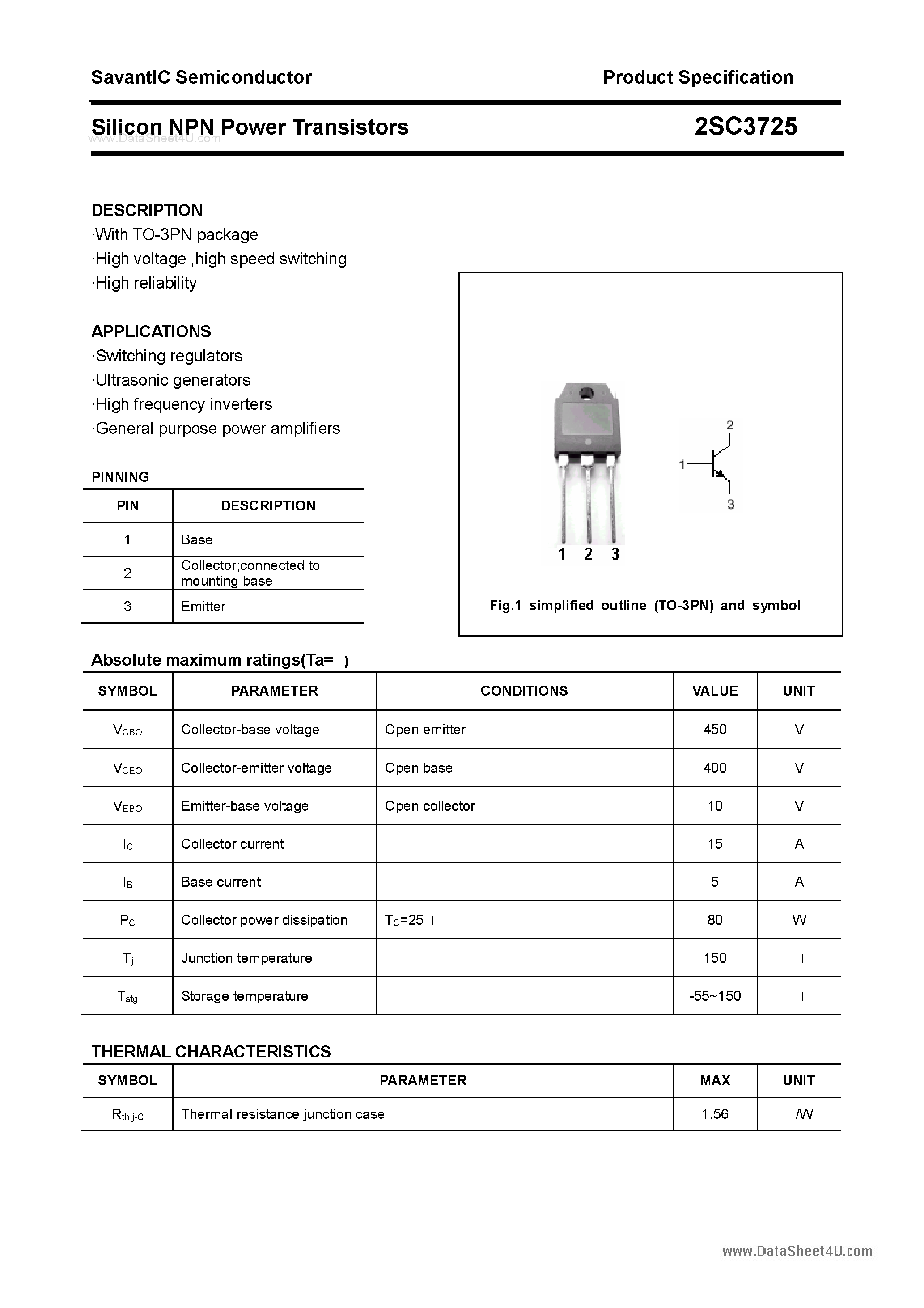 Datasheet 2SC3725 page 1 Datasheet 2SC3725 - SILICON POWER TRANSISTOR page 1