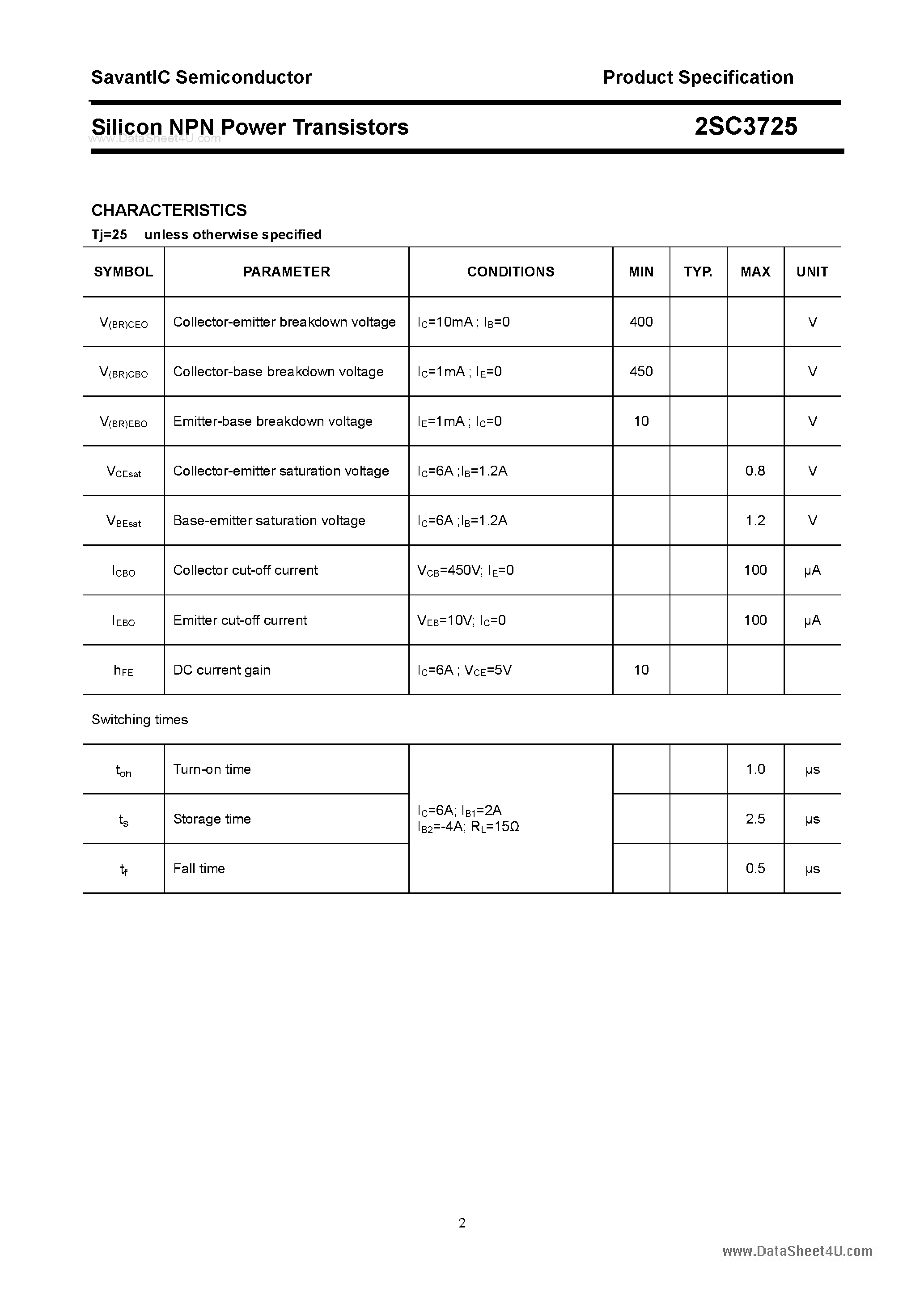 Datasheet 2SC3725 page 2 Datasheet 2SC3725 - SILICON POWER TRANSISTOR page 2