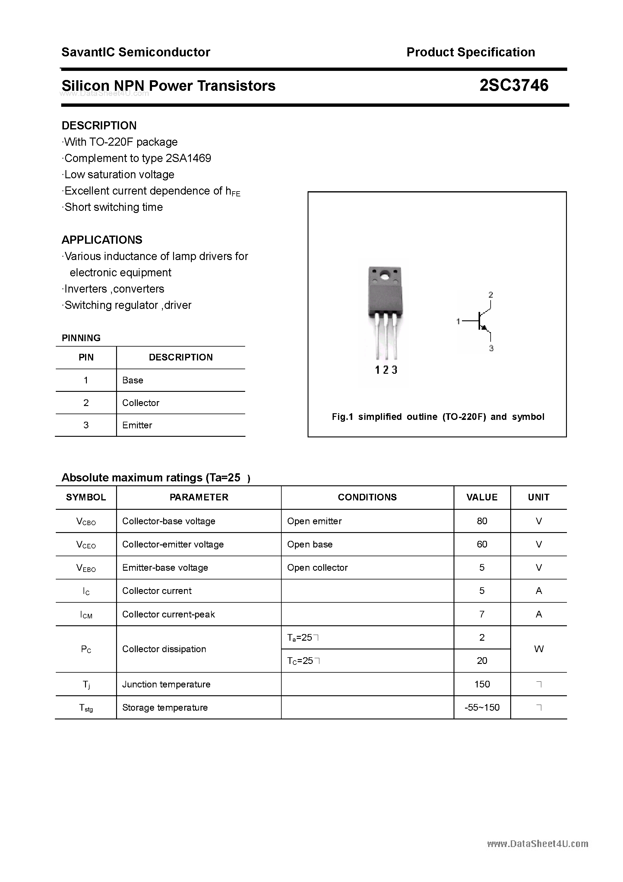 Datasheet 2SC3746 - SILICON POWER TRANSISTOR page 1