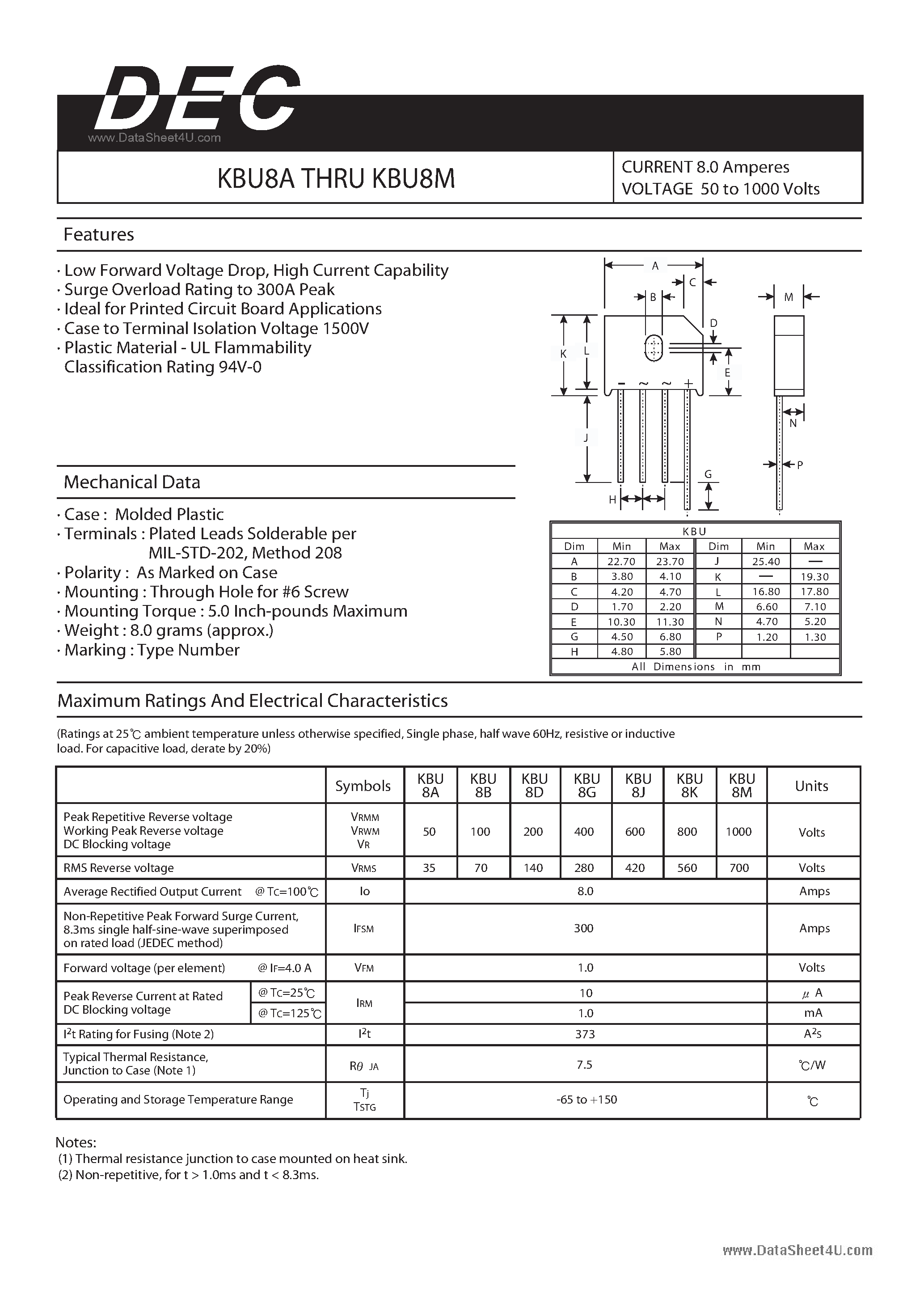 Datasheet KBU8A - CURRENT 8.0 Amperes VOLTAGE 50 to 1000 Volts page 1
