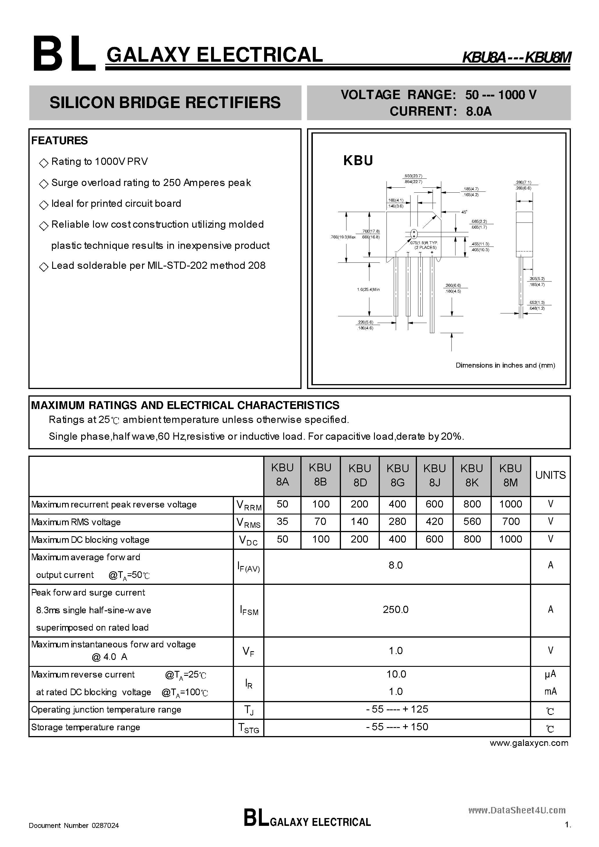 Datasheet KBU8A - SILICON BRIDGE RECTIFIERS page 1