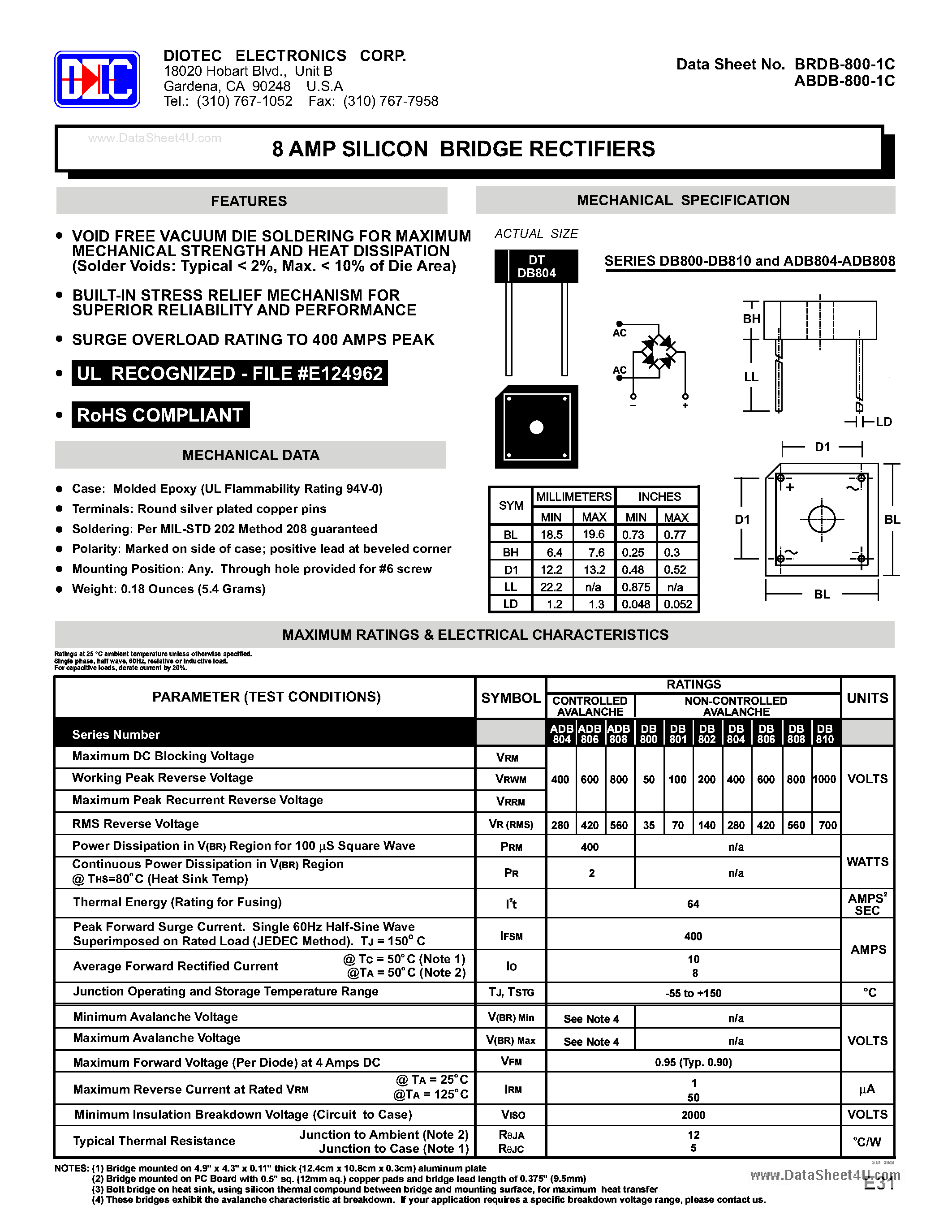 Datasheet DB800 - (DB800 - DB810) 8 AMP SILICON BRIDGE RECTIFIERS page 1