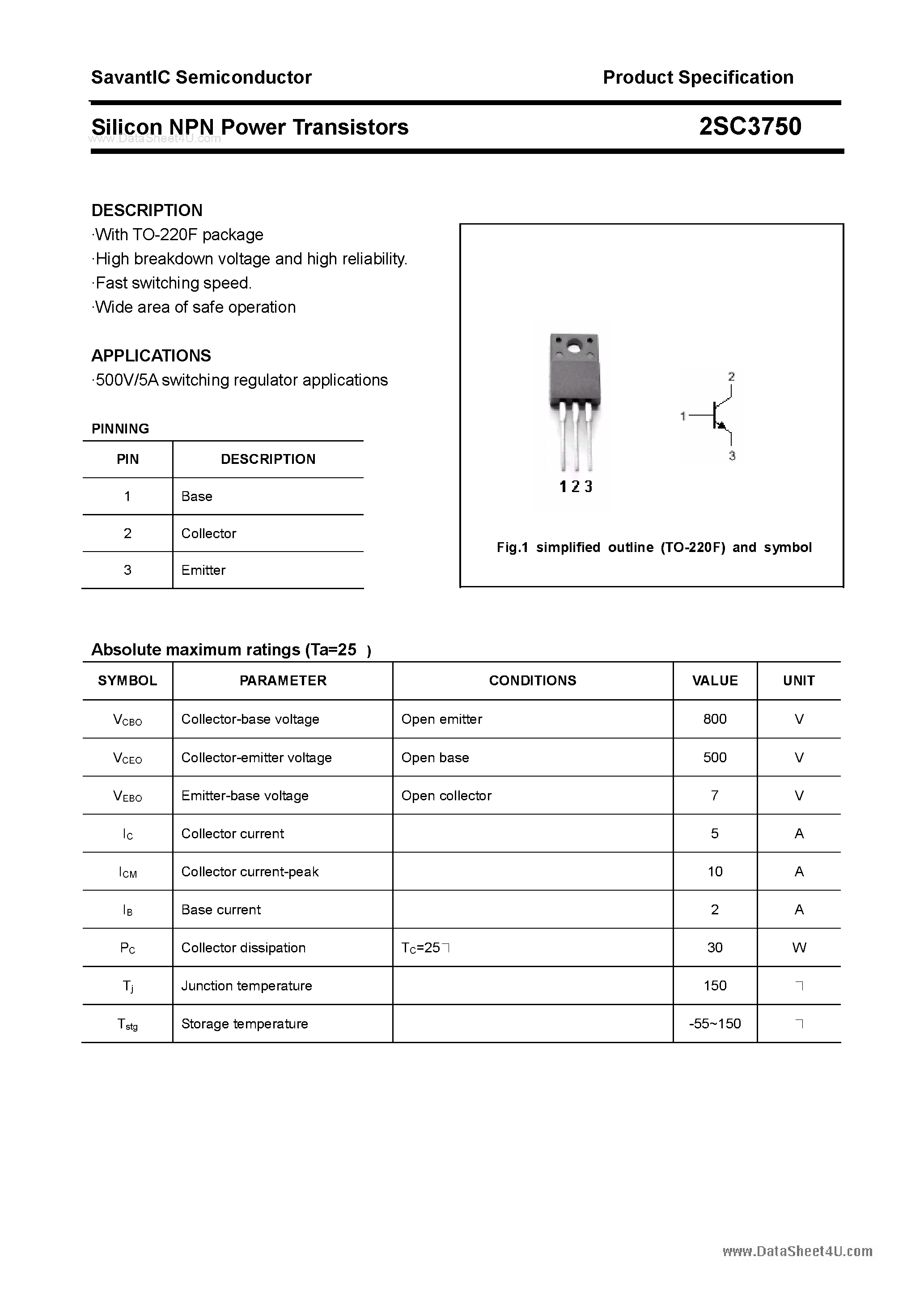 Datasheet 2SC3750 - SILICON POWER TRANSISTOR page 1