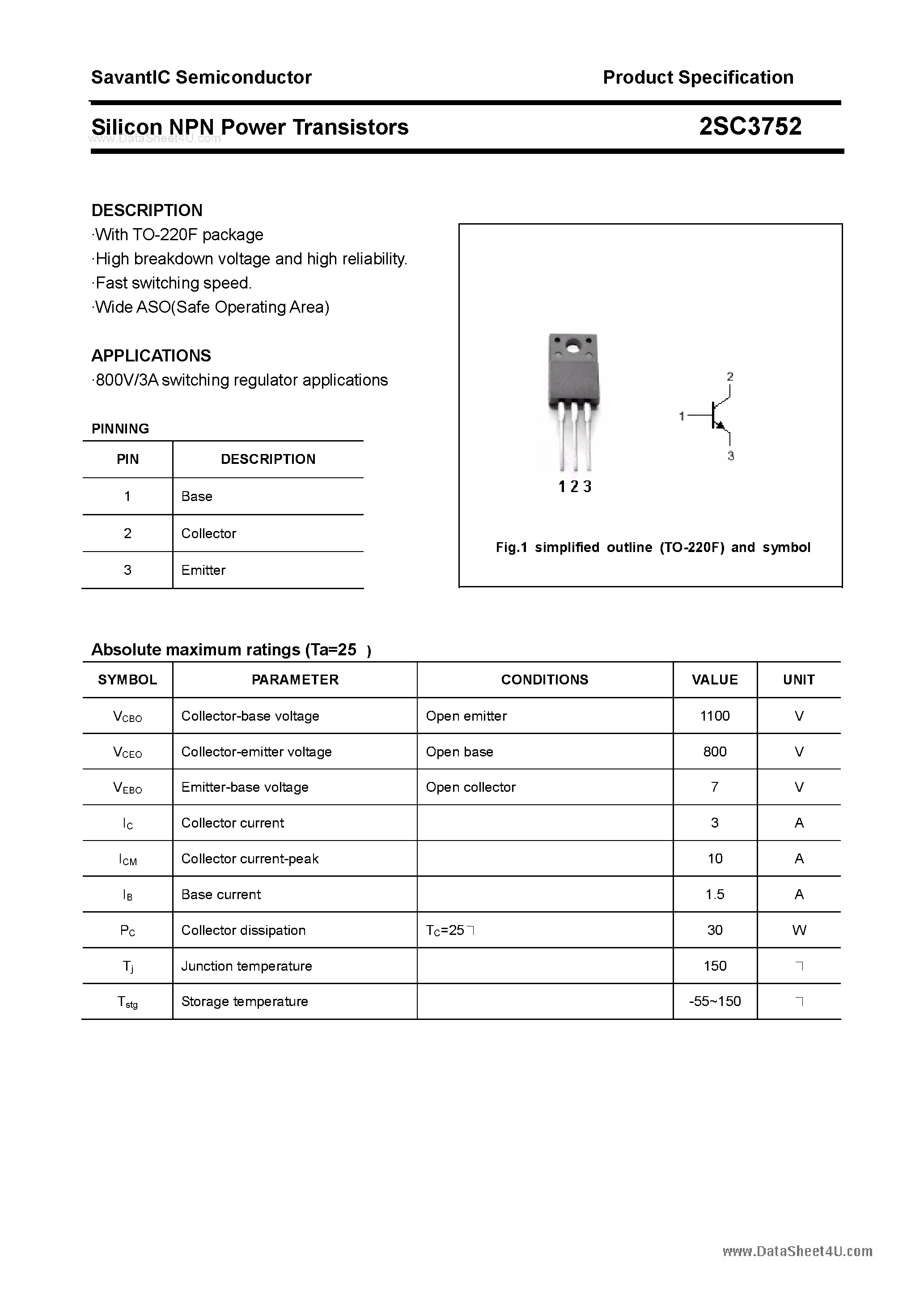 Datasheet 2SC3752 - SILICON POWER TRANSISTOR page 1
