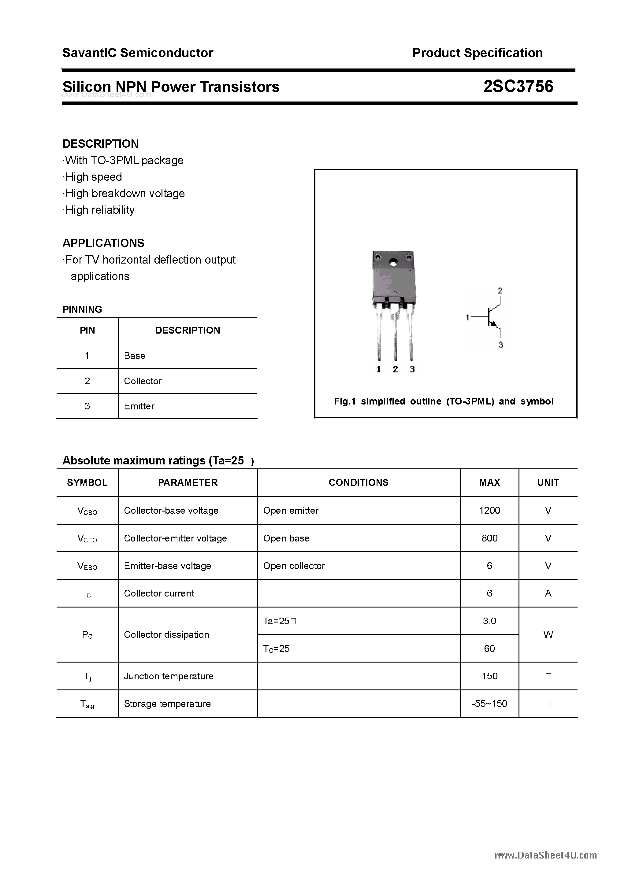 Datasheet 2SC3756 - SILICON POWER TRANSISTOR page 1