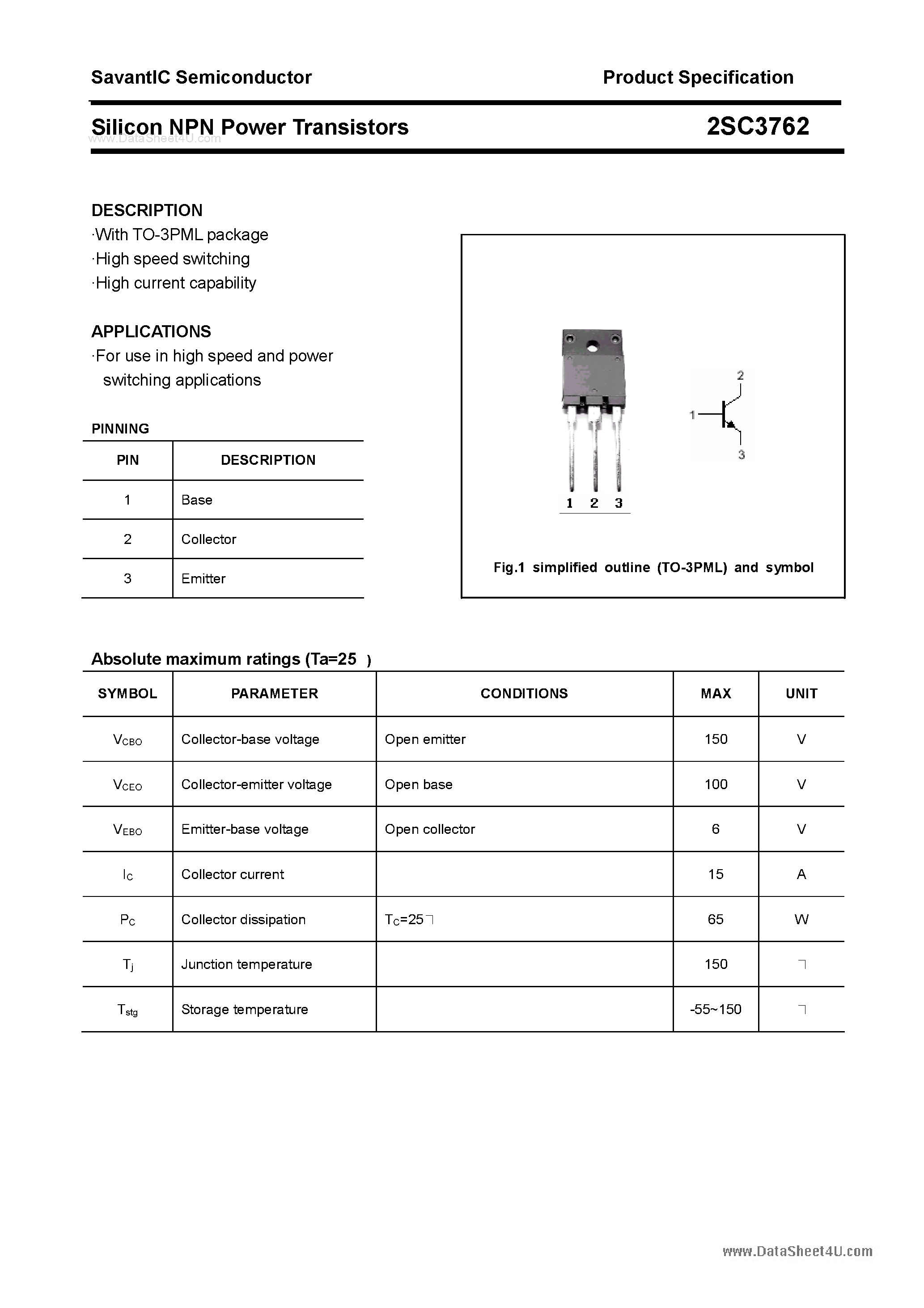 Datasheet 2SC3762 - SILICON POWER TRANSISTOR page 1