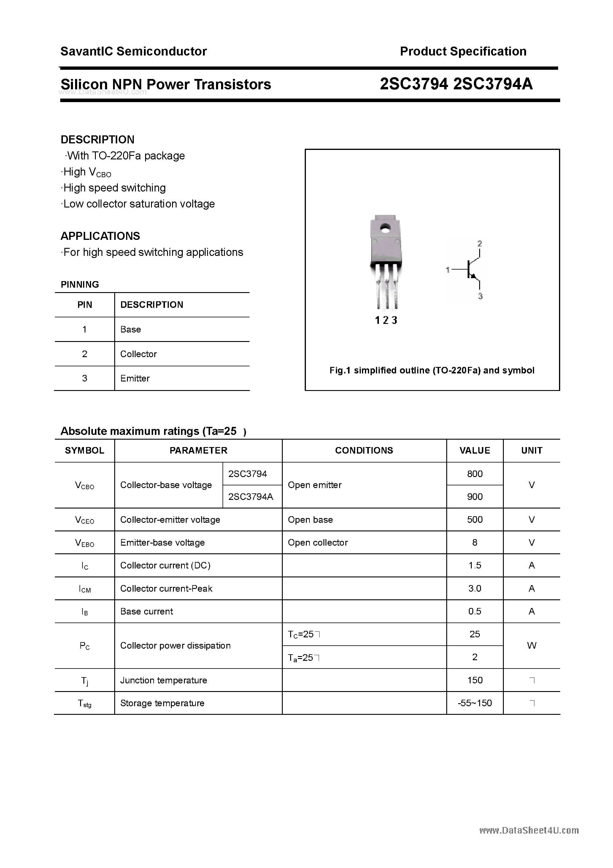 Даташит на микросхему 2SC3794 страница 1 Даташит 2SC3794 - SILICON POWER TRANSISTOR страница 1