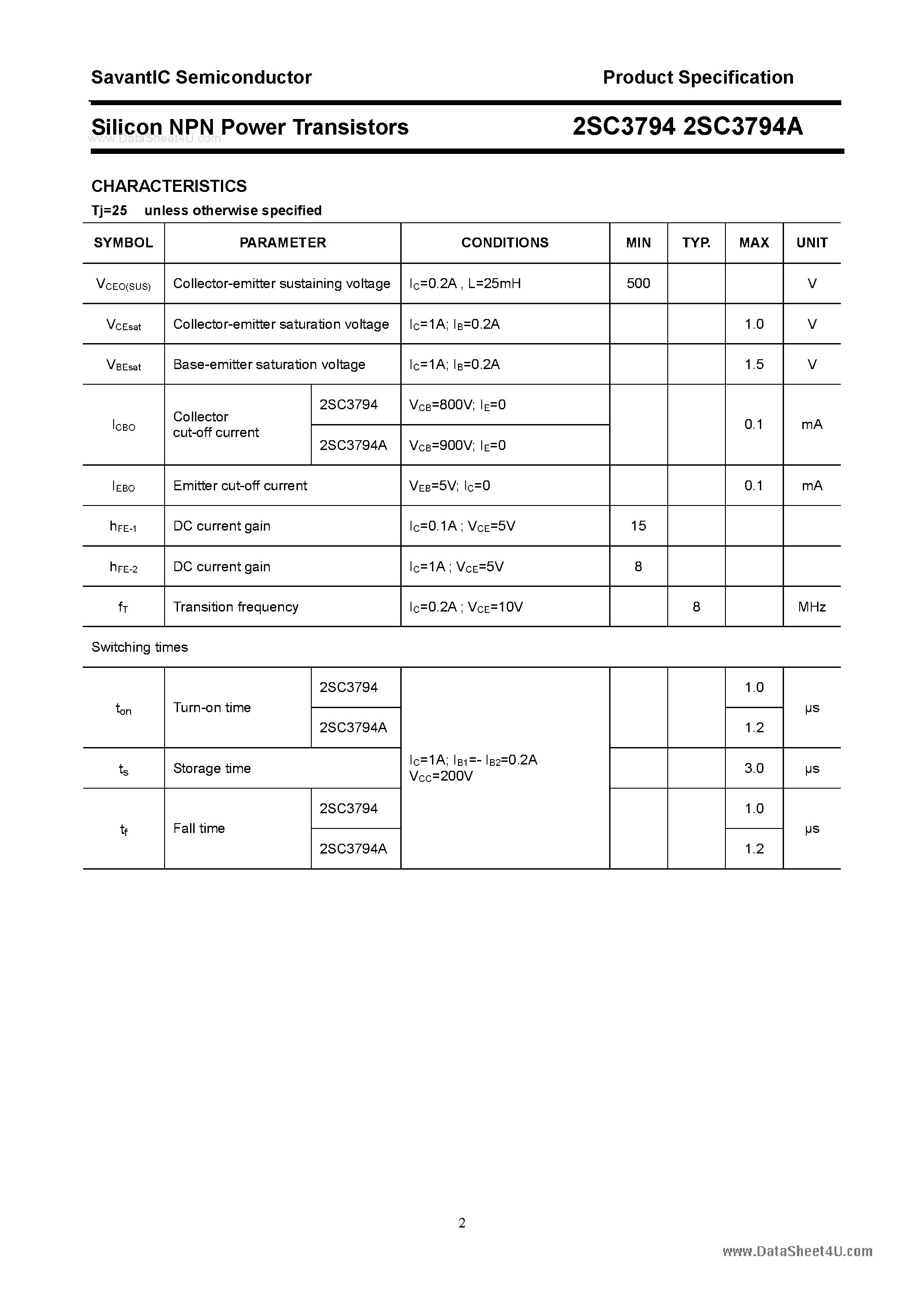 Даташит на микросхему 2SC3794 страница 2 Даташит 2SC3794 - SILICON POWER TRANSISTOR страница 2