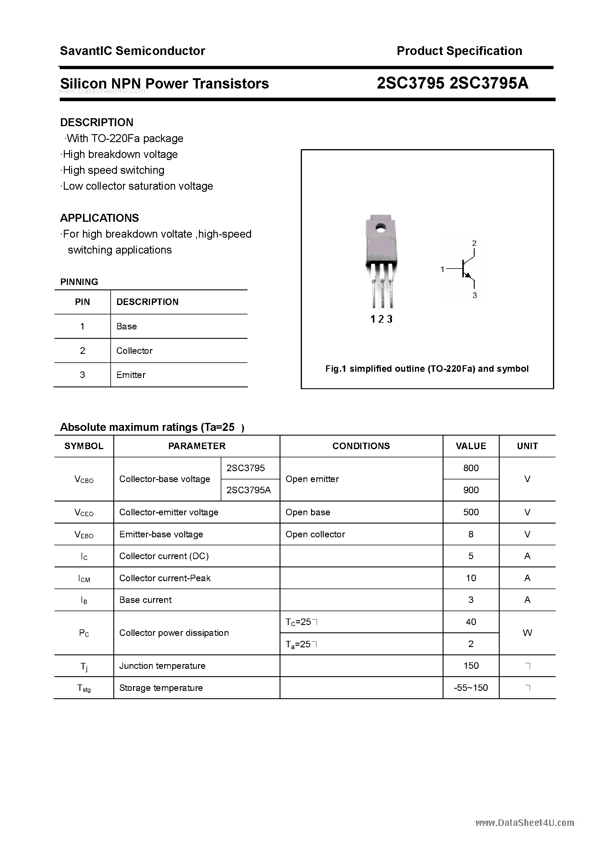 Datasheet 2SC3795 page 1 Datasheet 2SC3795 - SILICON POWER TRANSISTOR page 1