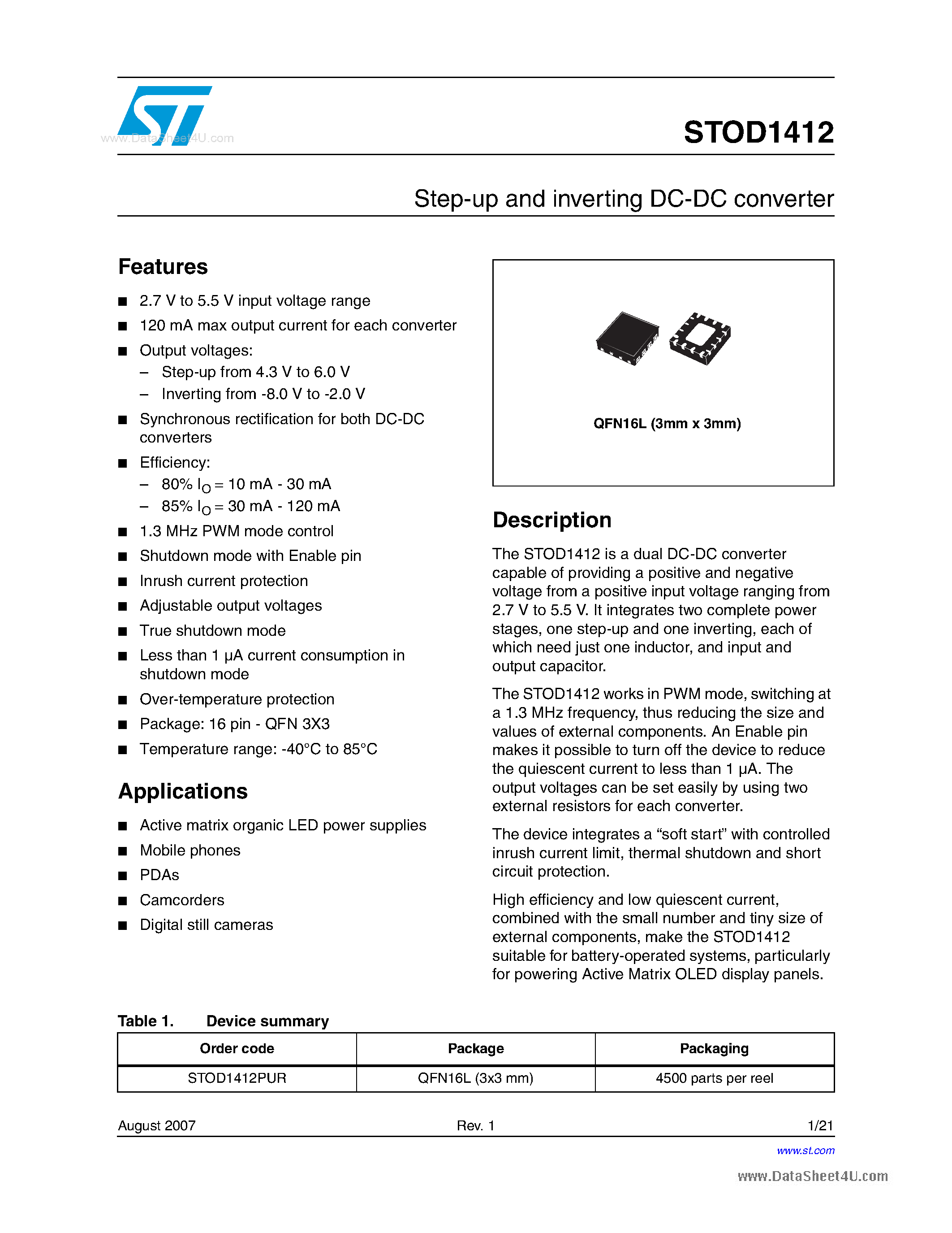 Datasheet STOD1412 - Step-up and inverting DC-DC converter page 1