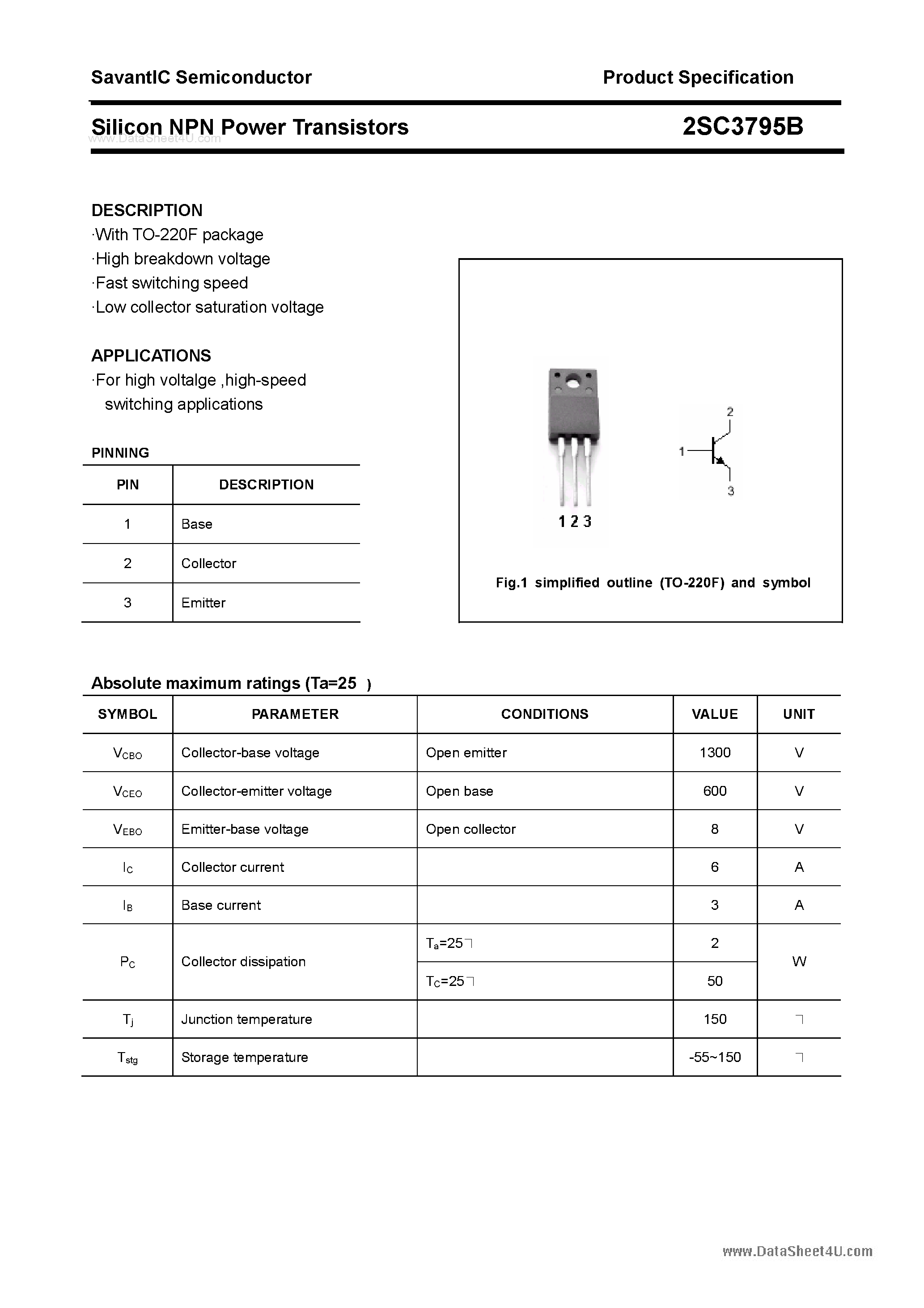 Datasheet 2SC3795B page 1 Datasheet 2SC3795B - SILICON POWER TRANSISTOR page 1