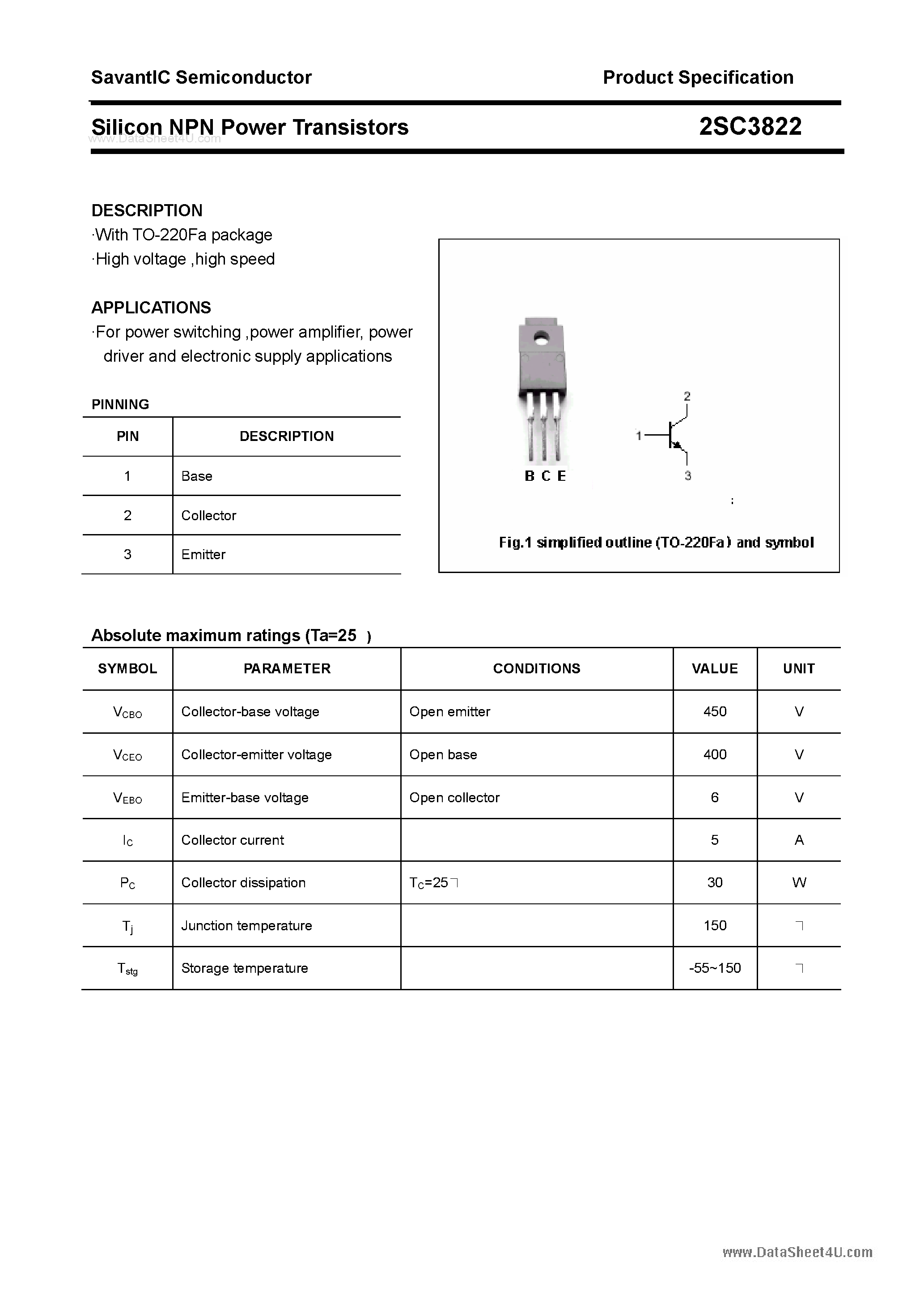 Datasheet 2SC3822 - SILICON POWER TRANSISTOR page 1