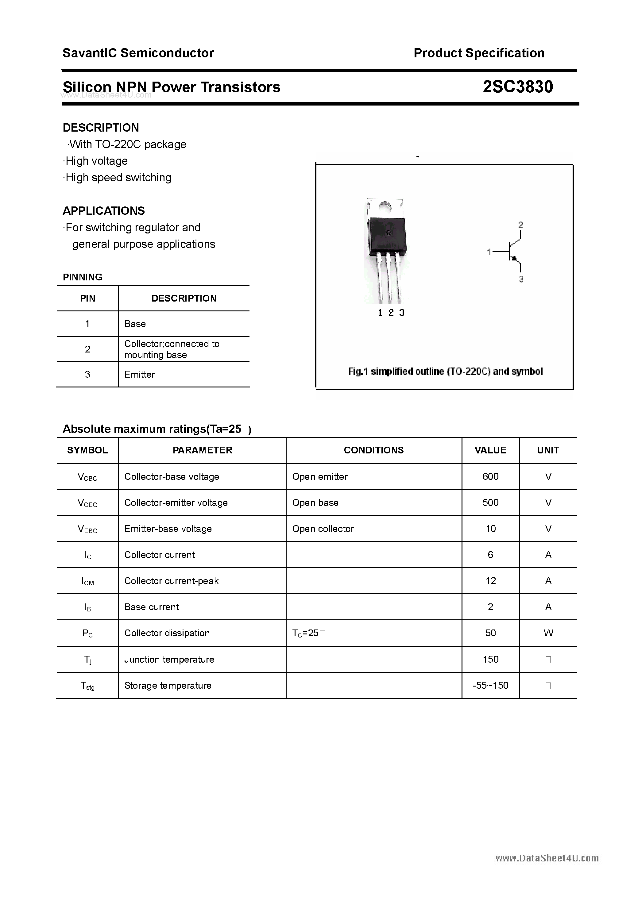 Datasheet 2SC3830 - SILICON POWER TRANSISTOR page 1