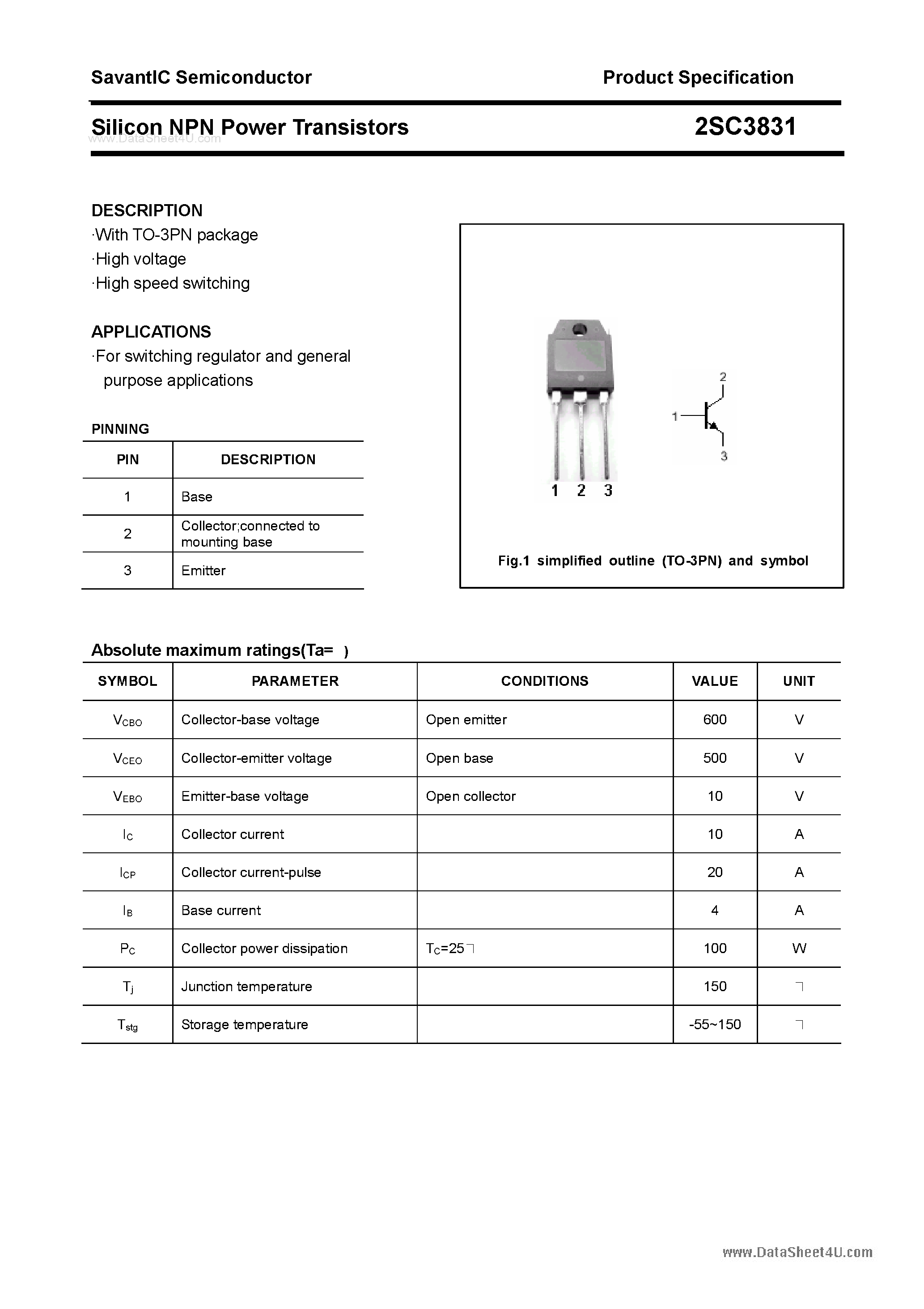 Datasheet 2SC3831 - SILICON POWER TRANSISTOR page 1