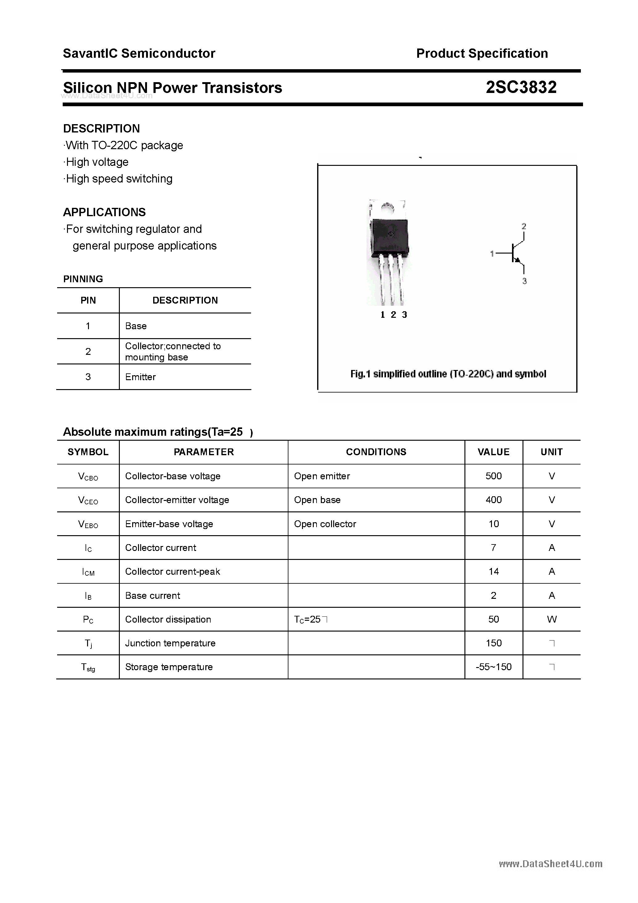 Datasheet 2SC3832 - SILICON POWER TRANSISTOR page 1