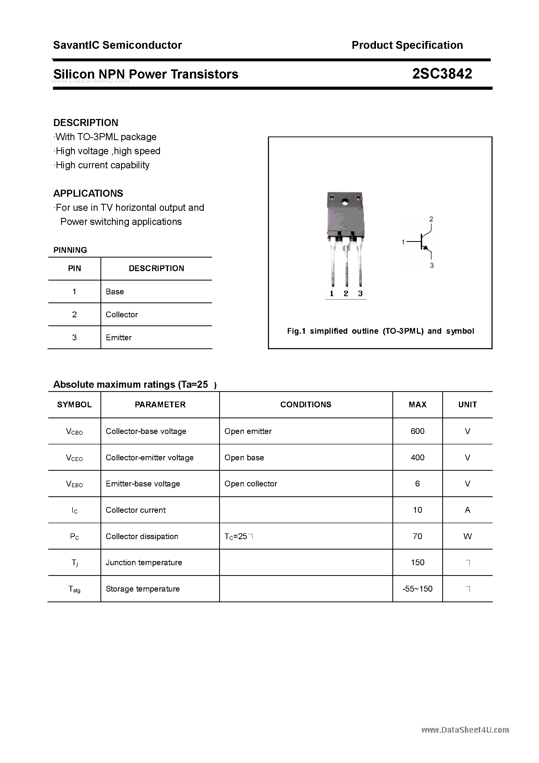 Datasheet 2SC3842 - SILICON POWER TRANSISTOR page 1