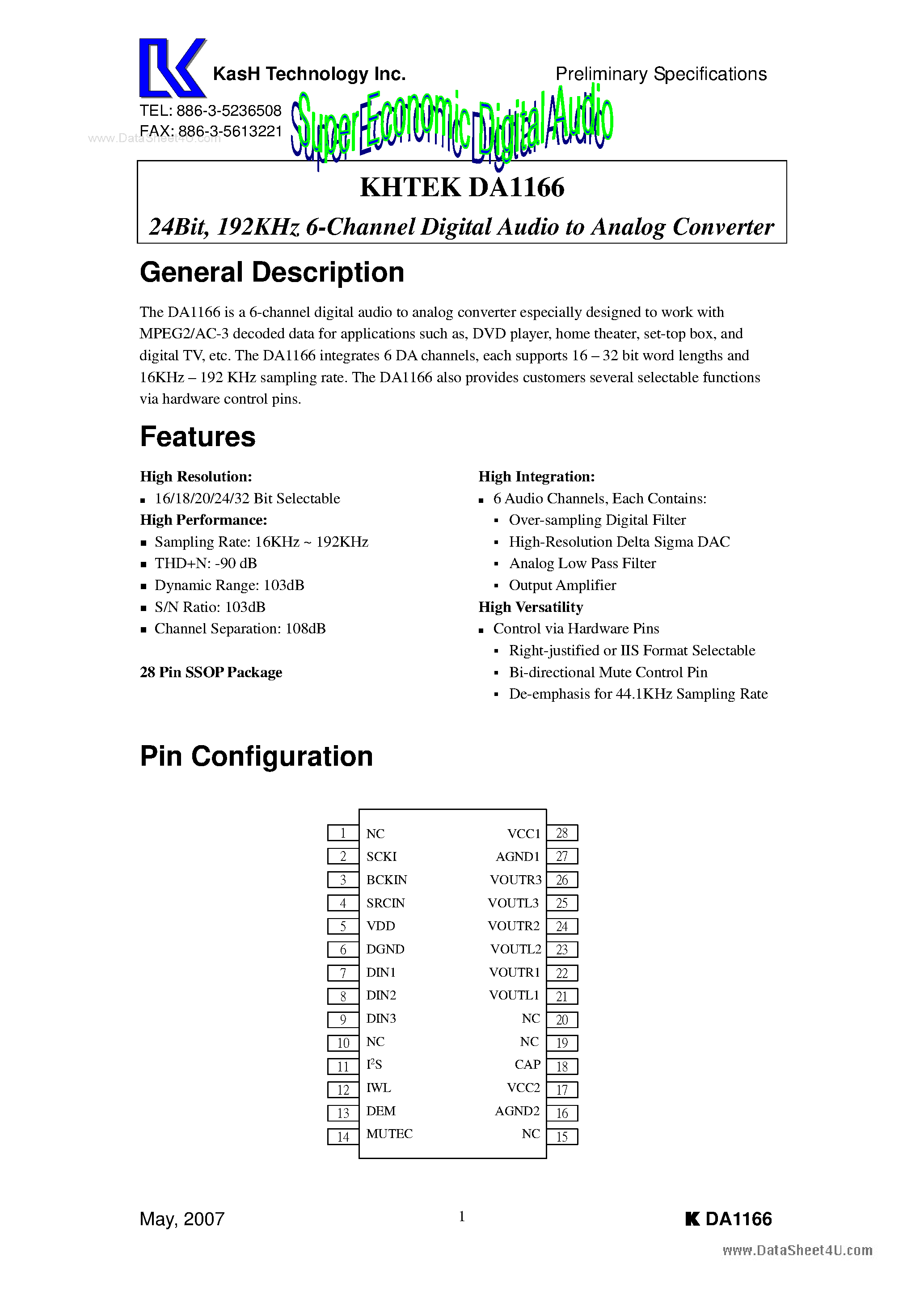 Datasheet DA1166 page 1 Datasheet DA1166 - 24-Bit 6-Channel Digital Audio to Analog Converter page 1