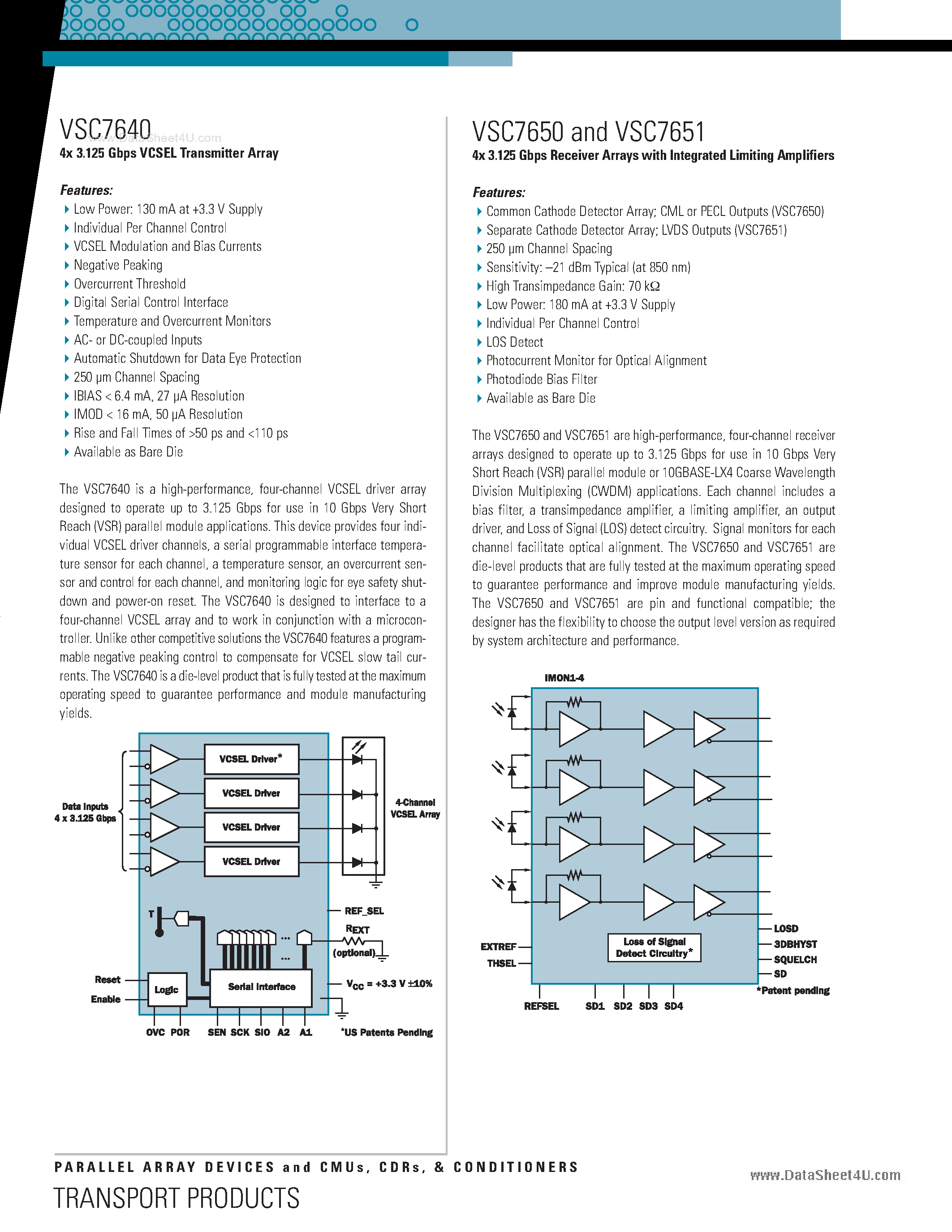 Datasheet VSC7640 - 4x 3.125 Gbps VCSEL Transmitter Array and 4x 3.125 Gbps Receiver Arrays page 1
